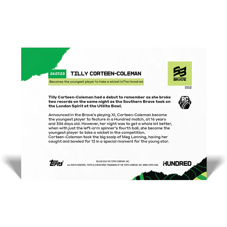 Tilly Corteen-Coleman - Becomes the youngest player to take a wicket in The Hundred - 2024 The Hundred TOPPS NOW® Card 2 - PR:12
