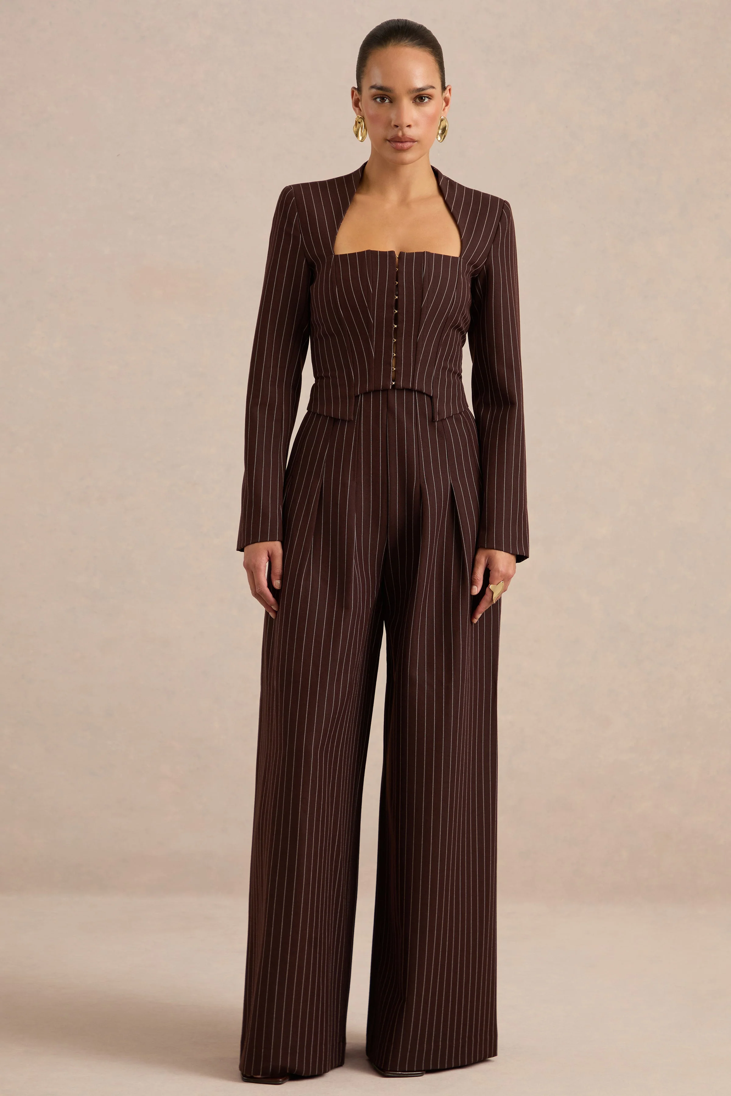 Genara | Brown Pin Stripe High Rise Wide Leg Trousers