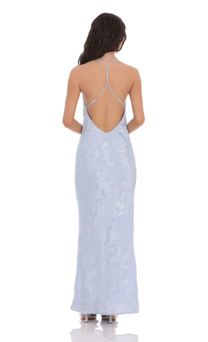 Floral Jacqaurd Cowl Neck Maxi Dress in Light Blue