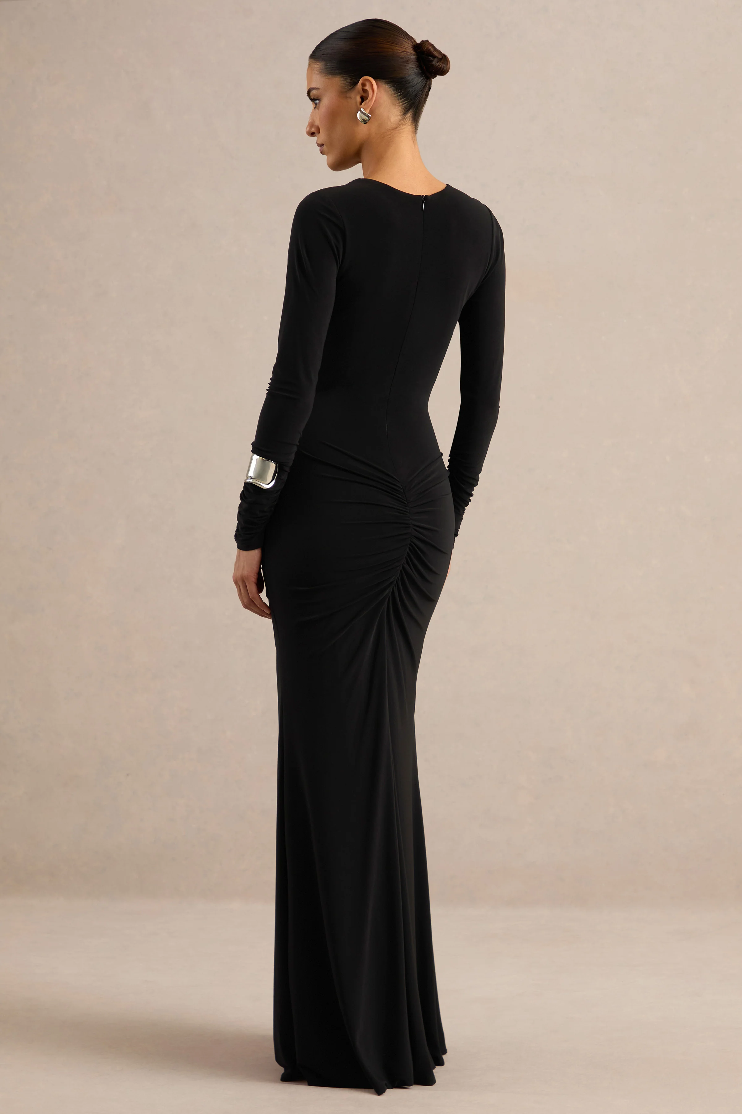 Tahlina | Black Jersey Ruched Plunge Long Sleeve Maxi Dress With Draped Detailing