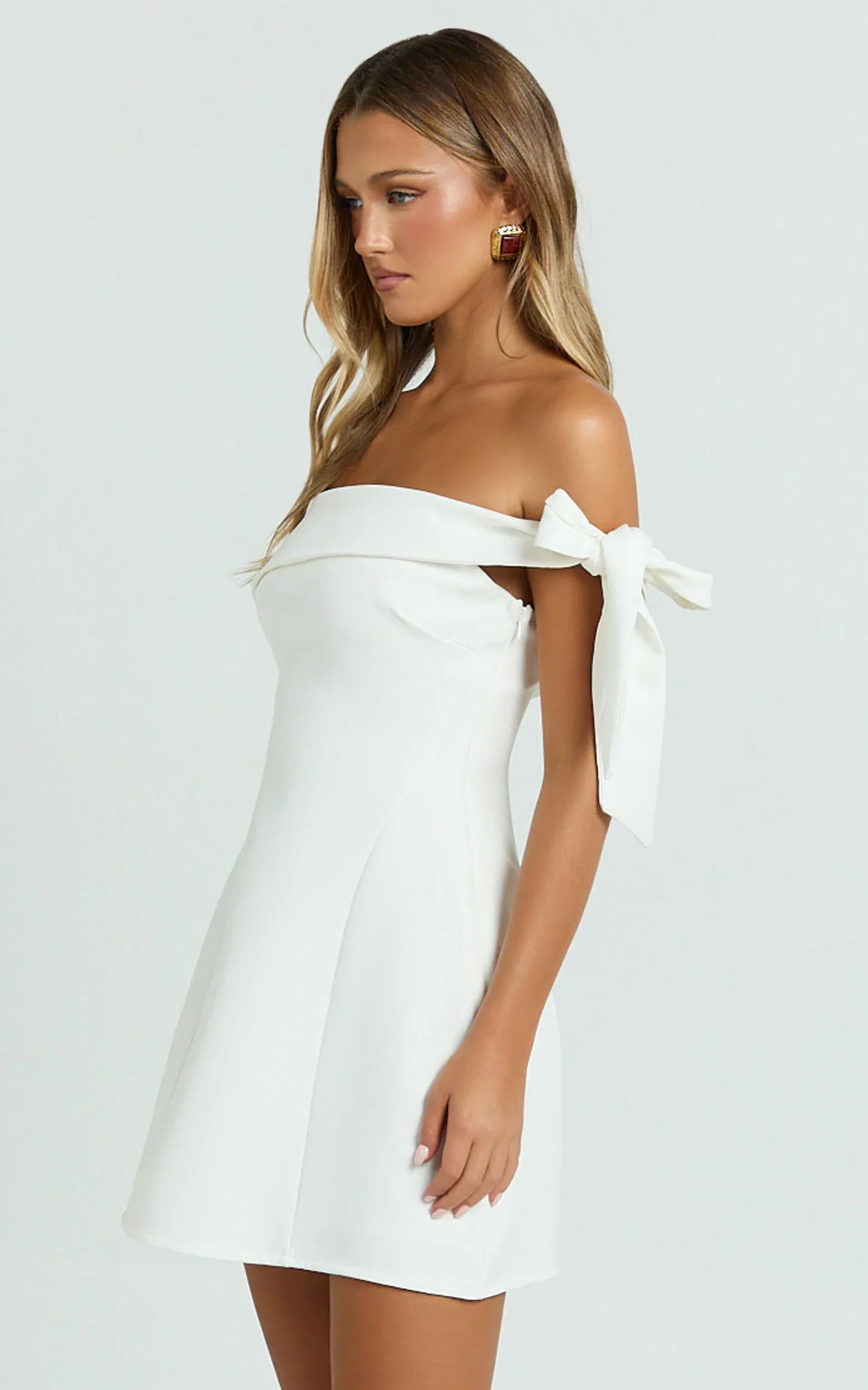 Cecilia Mini Dress - Off Shoulder Tie Detail Dress in White