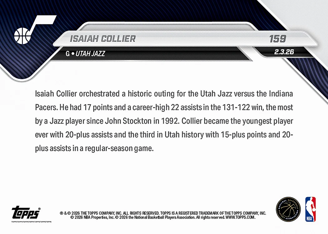 Isaiah Collier - 2025-26 NBA Topps NOW® - Card 159 - PR: 424