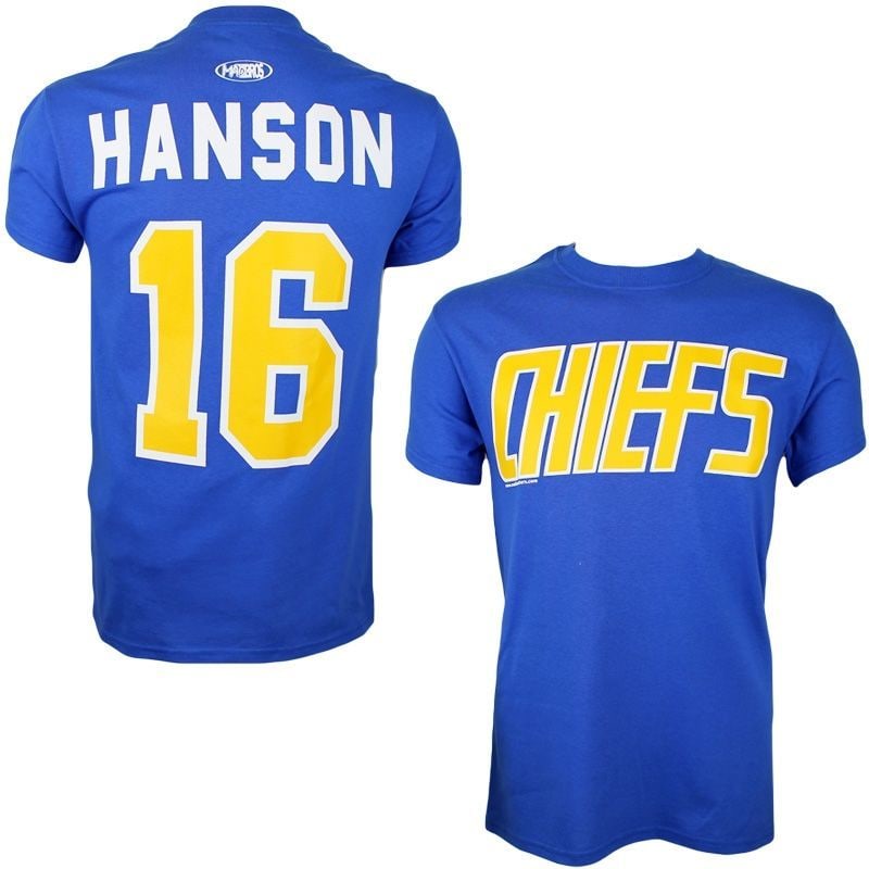 Slapshot Charlestown Chiefs Jack Hanson #16 Hockey T-Shirt Blue
