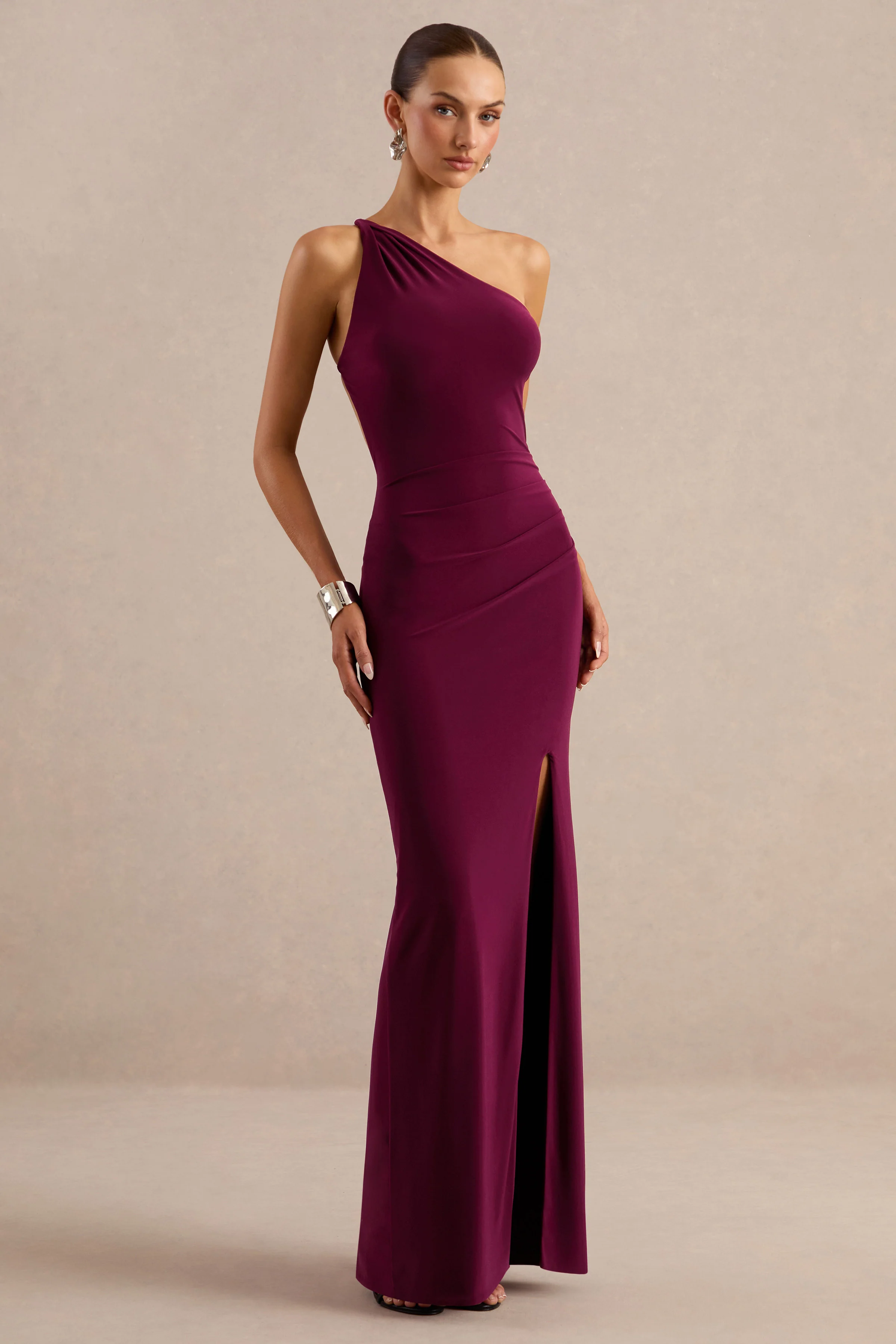 Dressing Up | Burgundy Jersey One Shoulder Maxi Dress With Twist Open Back Detail And Split