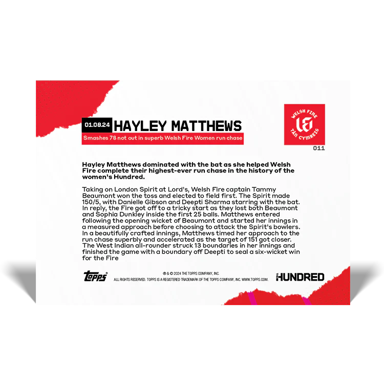 Hayley Matthews - Smashes 78 not out in superb Welsh Fire Women run chase - 2024 The Hundred TOPPS NOW® Card 11