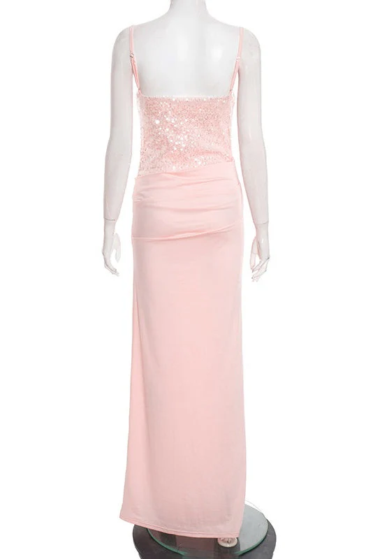 Pink Straps Fitted Ruched Long Dress