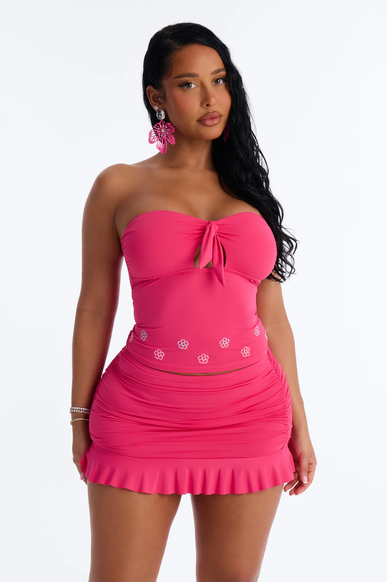Sunshine State 2 Piece Strapless Bikini & Ruffle Mini Skirt Sunsuit - Fuchsia