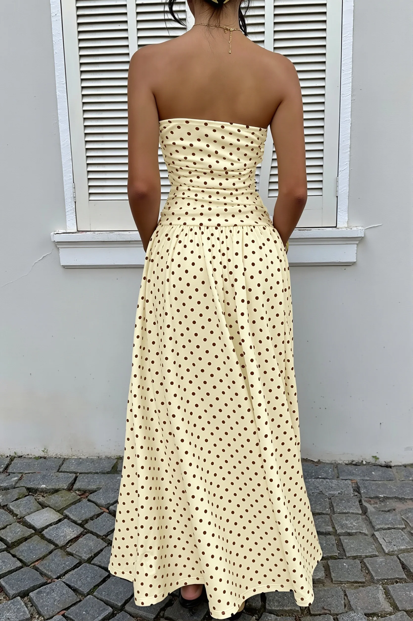 Polka Dot Strapless Sleeveless Ruffle Slim Maxi Dress