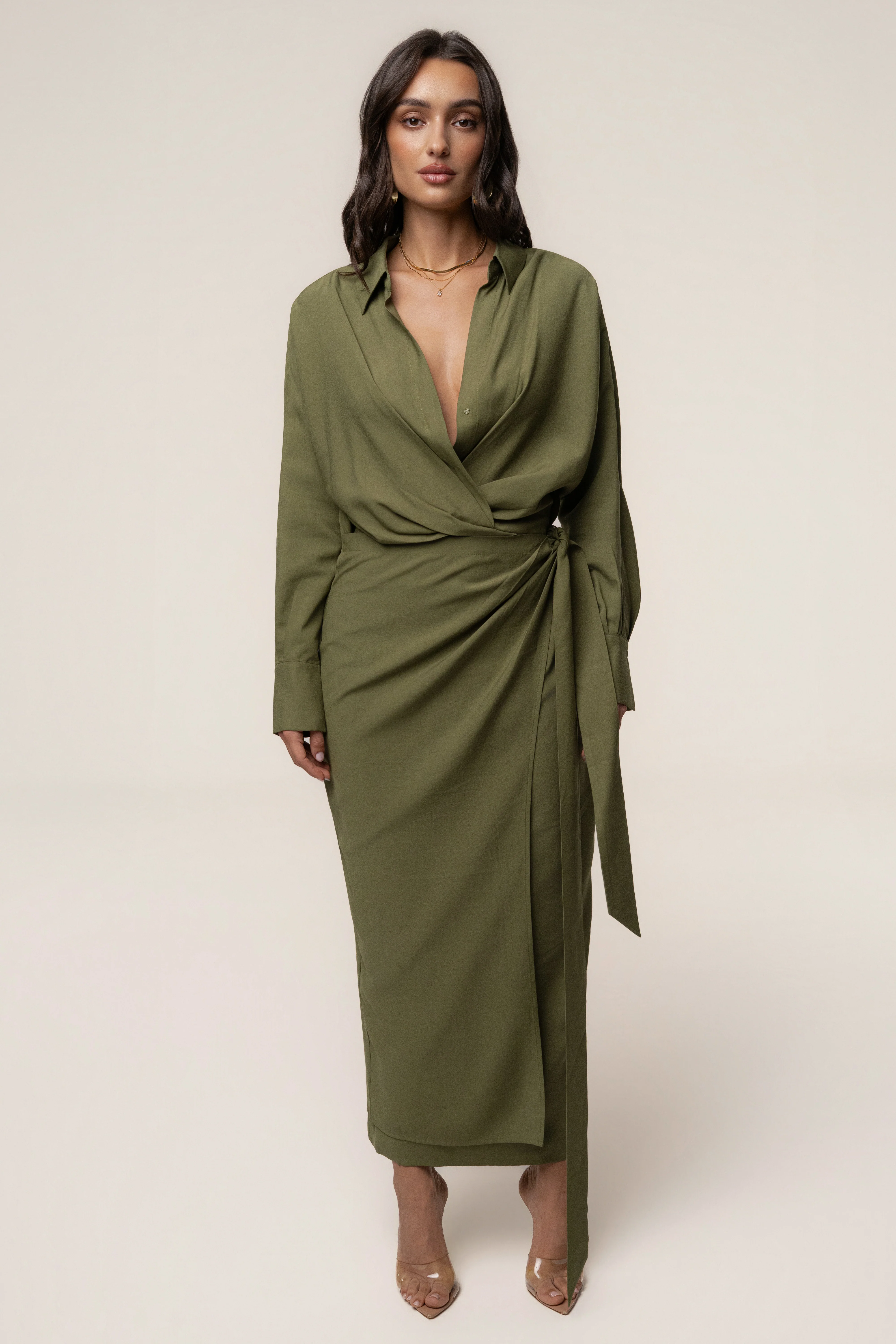 Olive Skyline Wrap Midi Dress