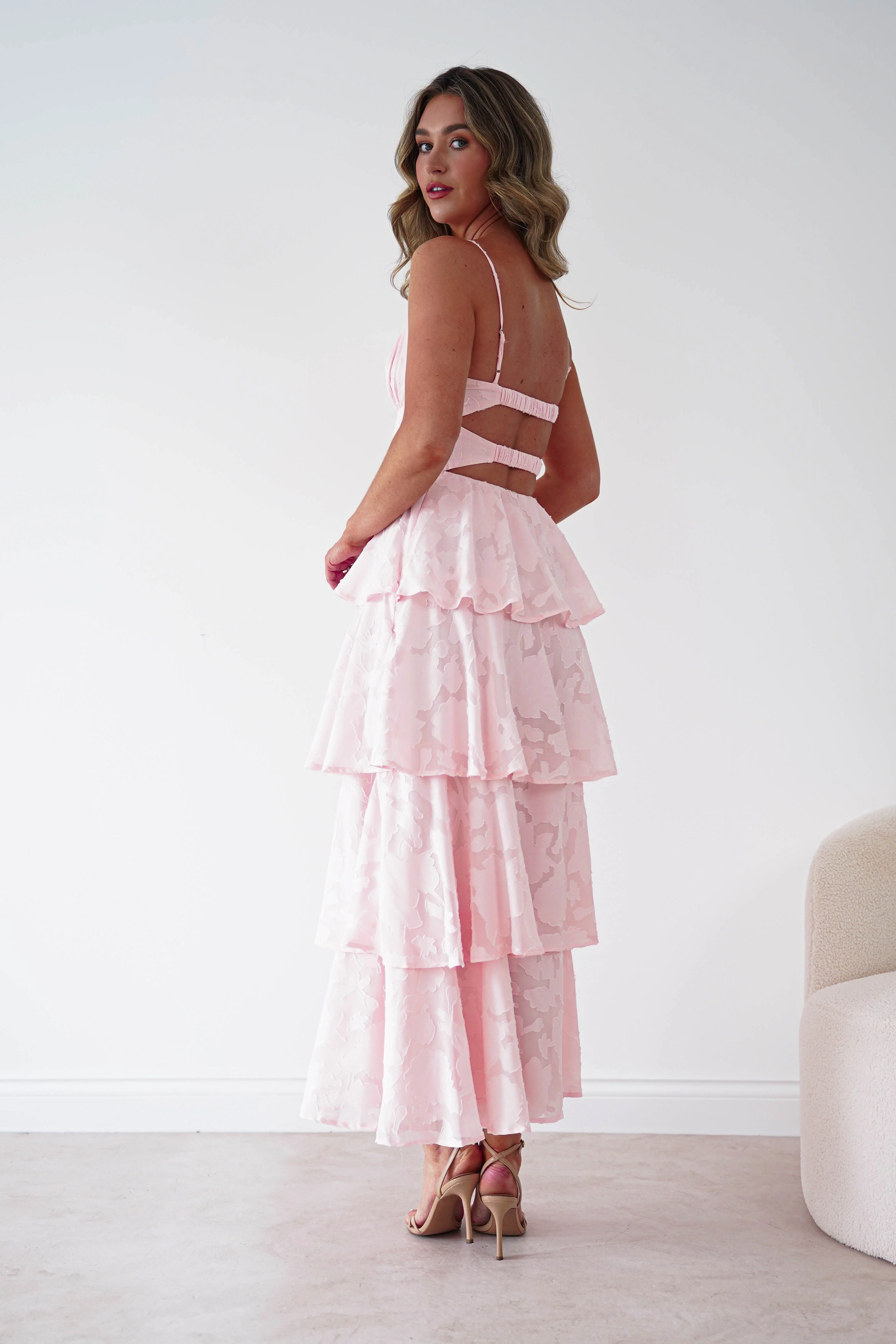 Patsy Floral Jacquard Tiered Maxi Dress | Blush