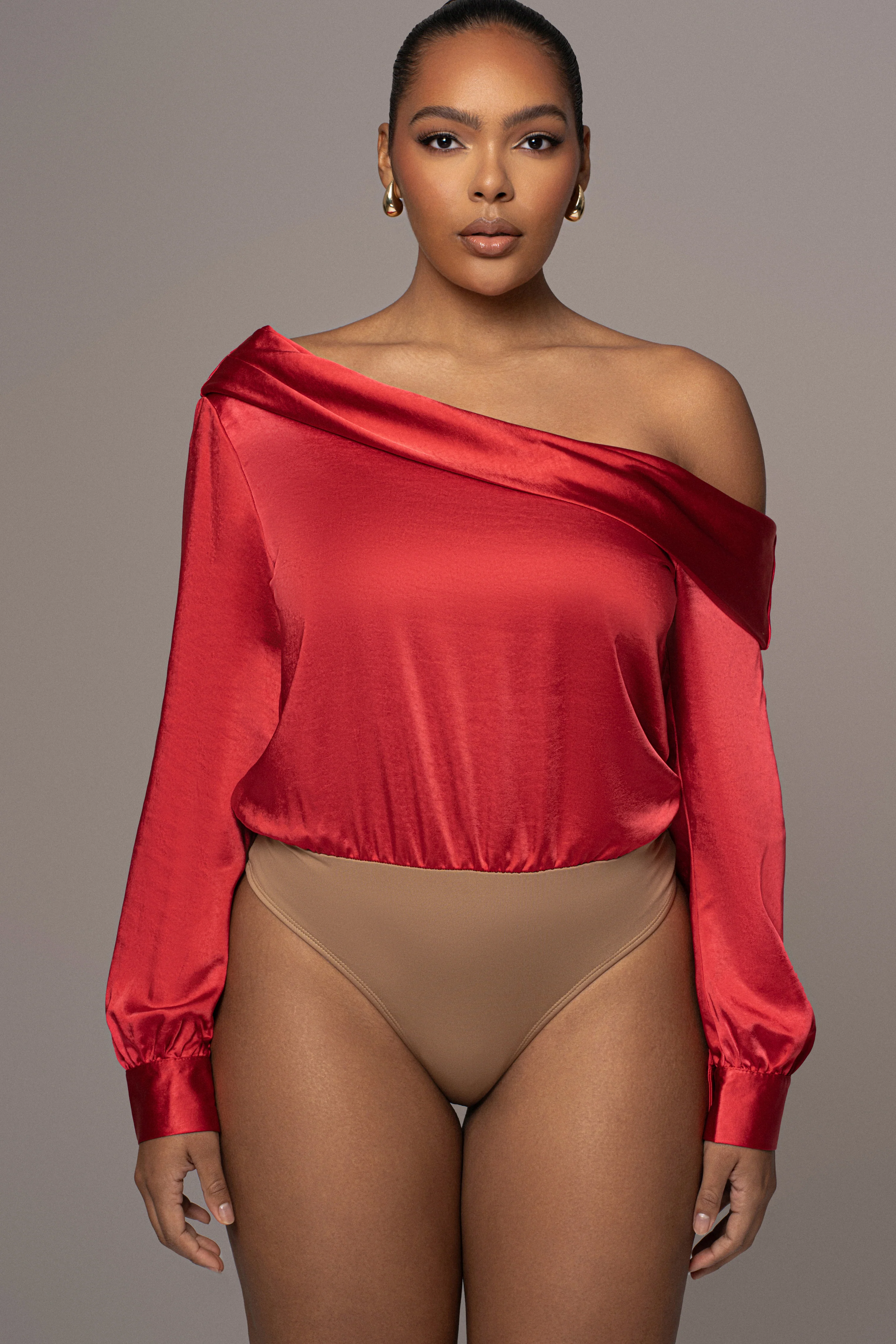 Red Satin Rima Asymmetrical Bodysuit