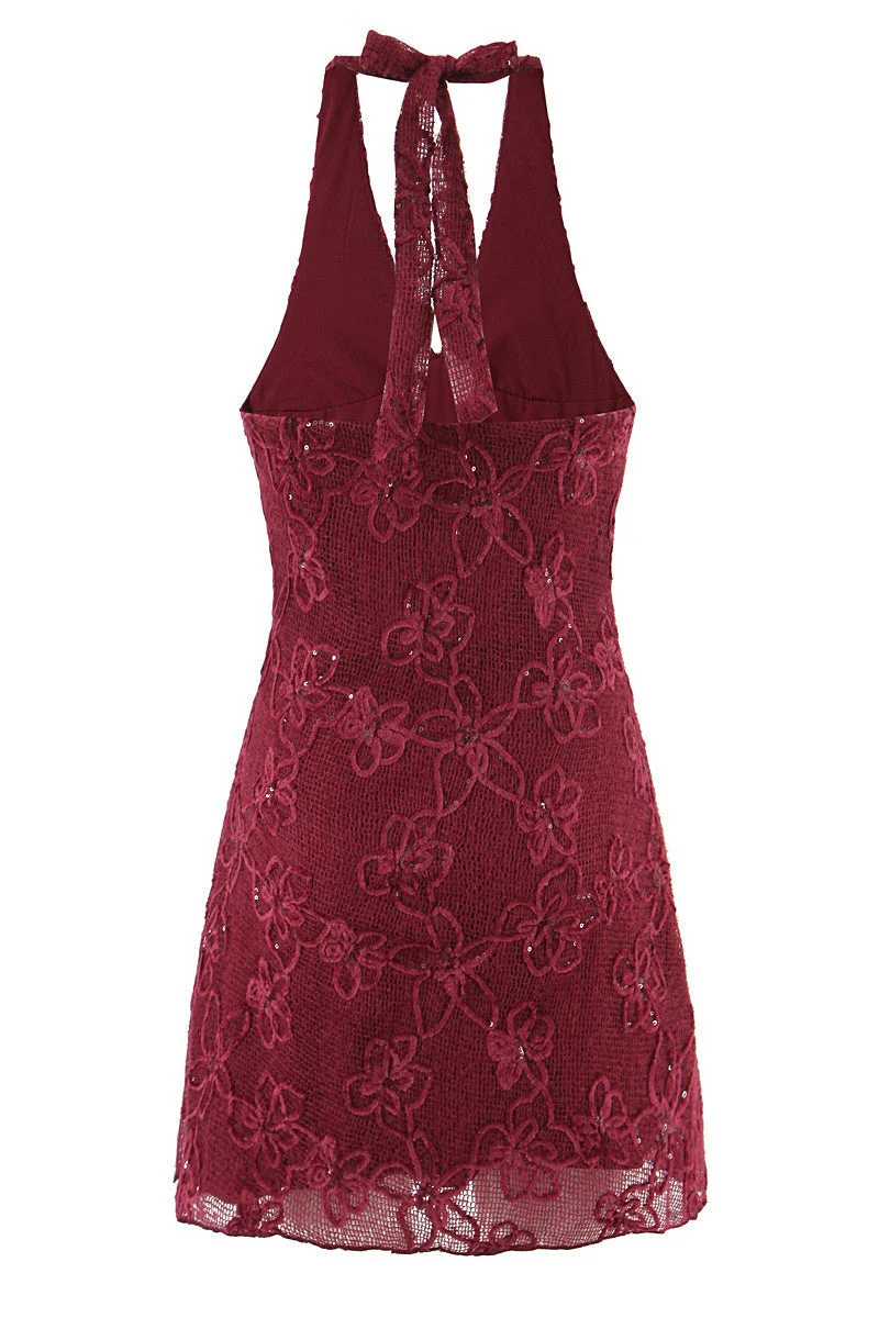 Halter Red Lace Short Dresss