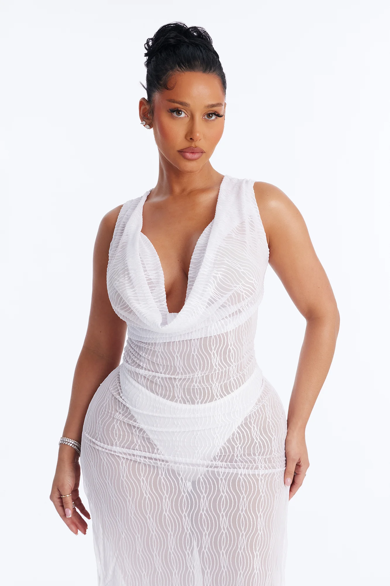 Sunshine Living Mesh Cover Up Cowl Midi Dress - White