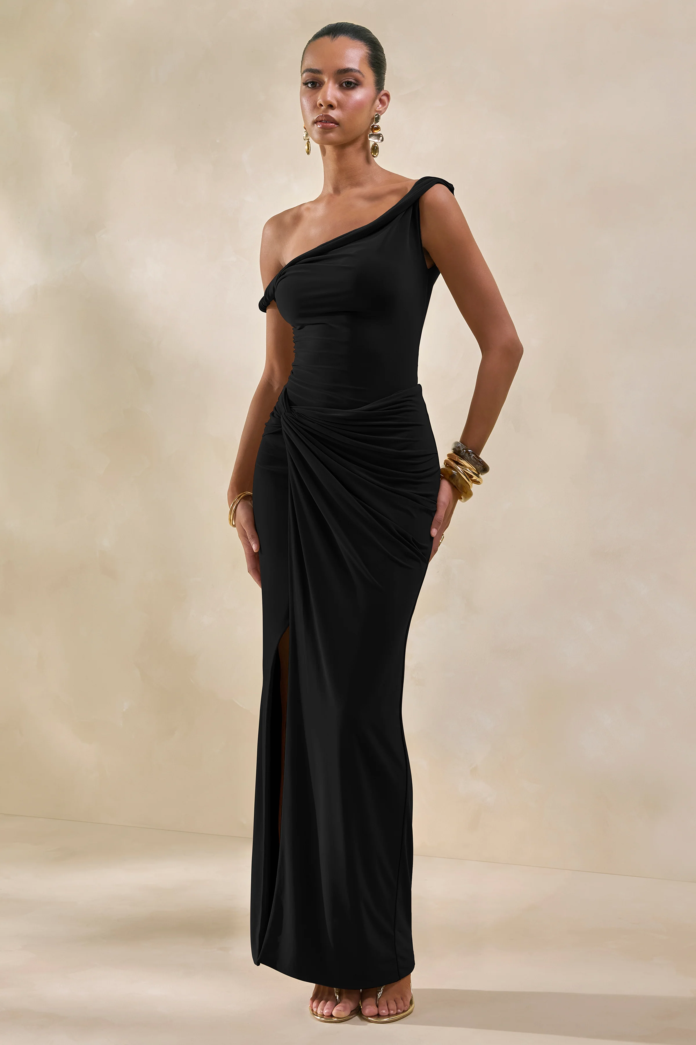 Idris | Black Twisted Waist Maxi Skirt With Front Split