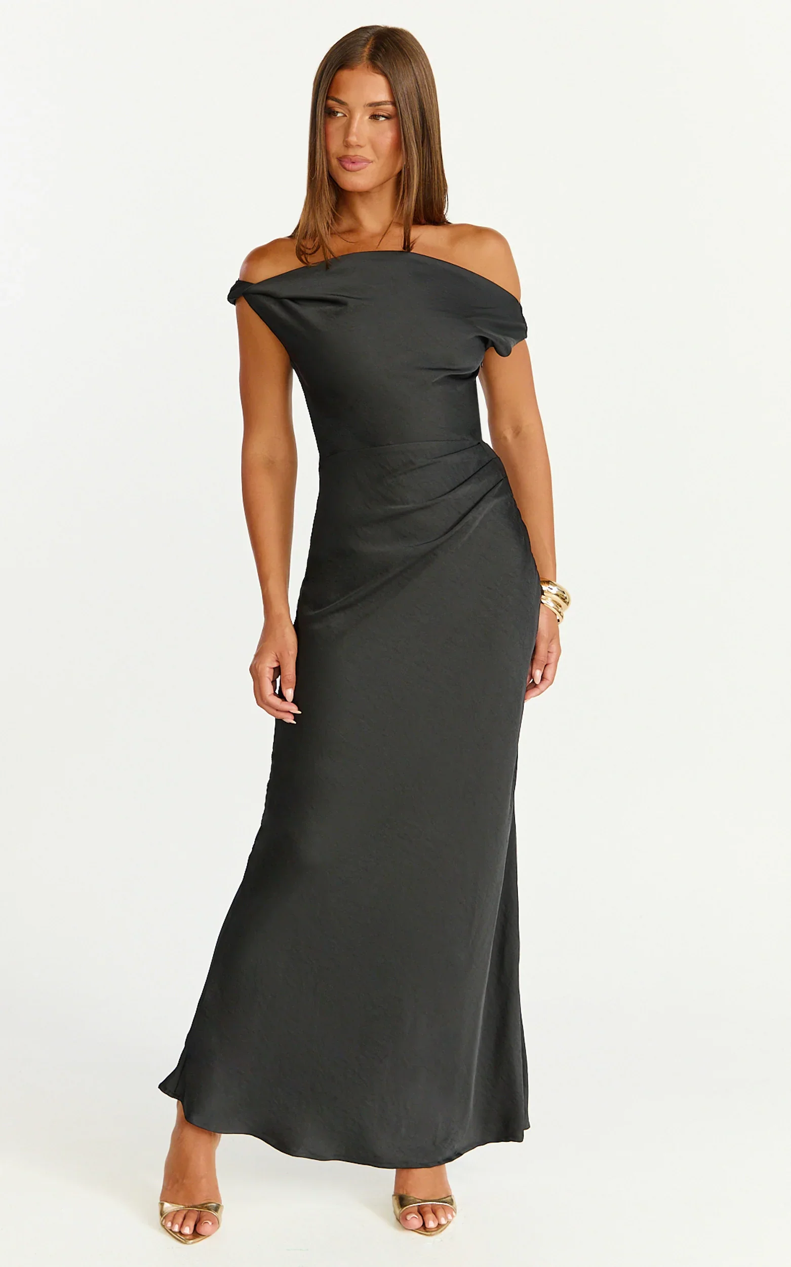 Lira Midi Dress - One Shoulder Satin Dress in Black