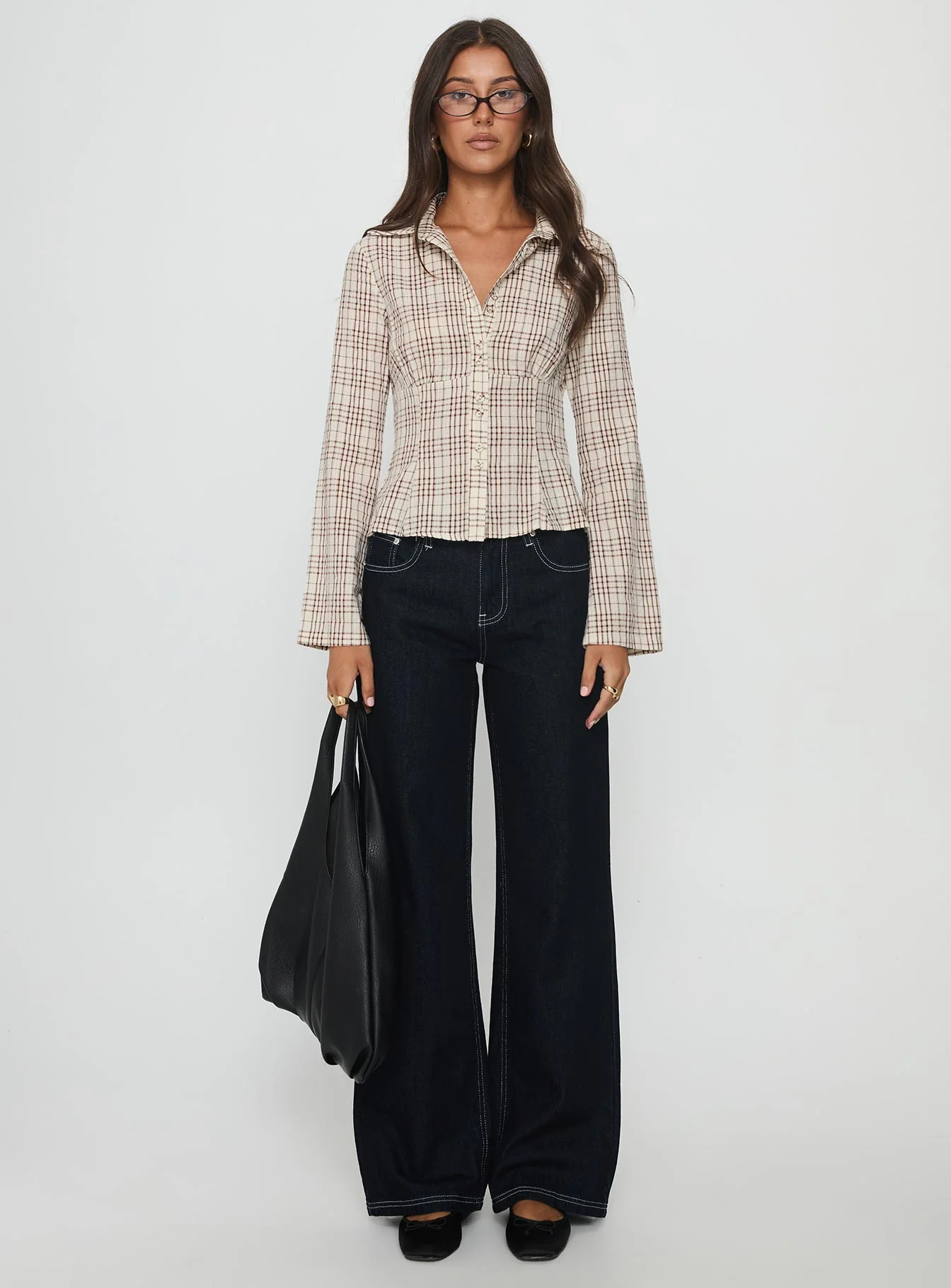 Cottesloe Long Sleeve Blouse Top Brown Check