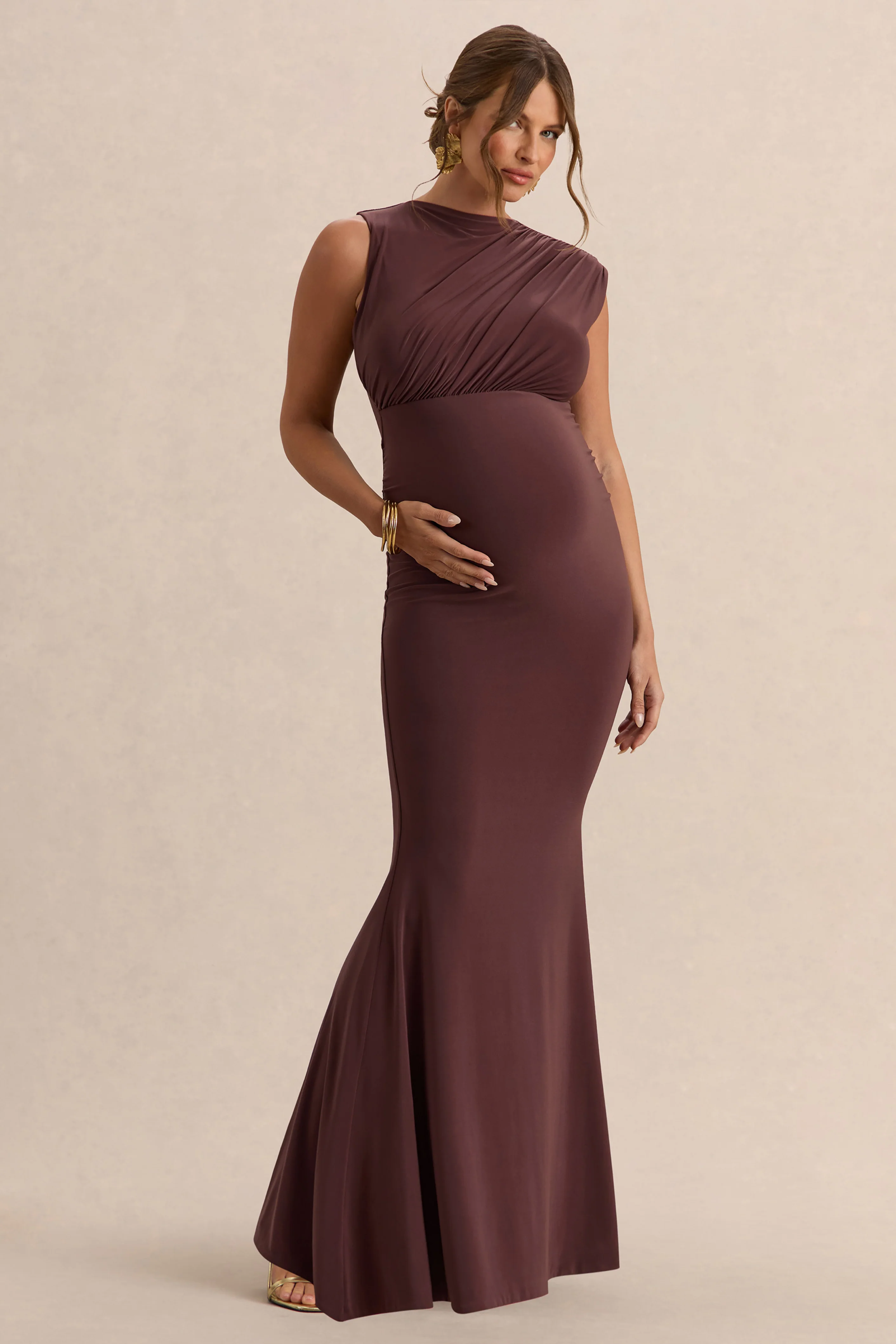 Osanna | Dark Brown Wide-Neck Maternity Maxi Dress With Ruched Detailing