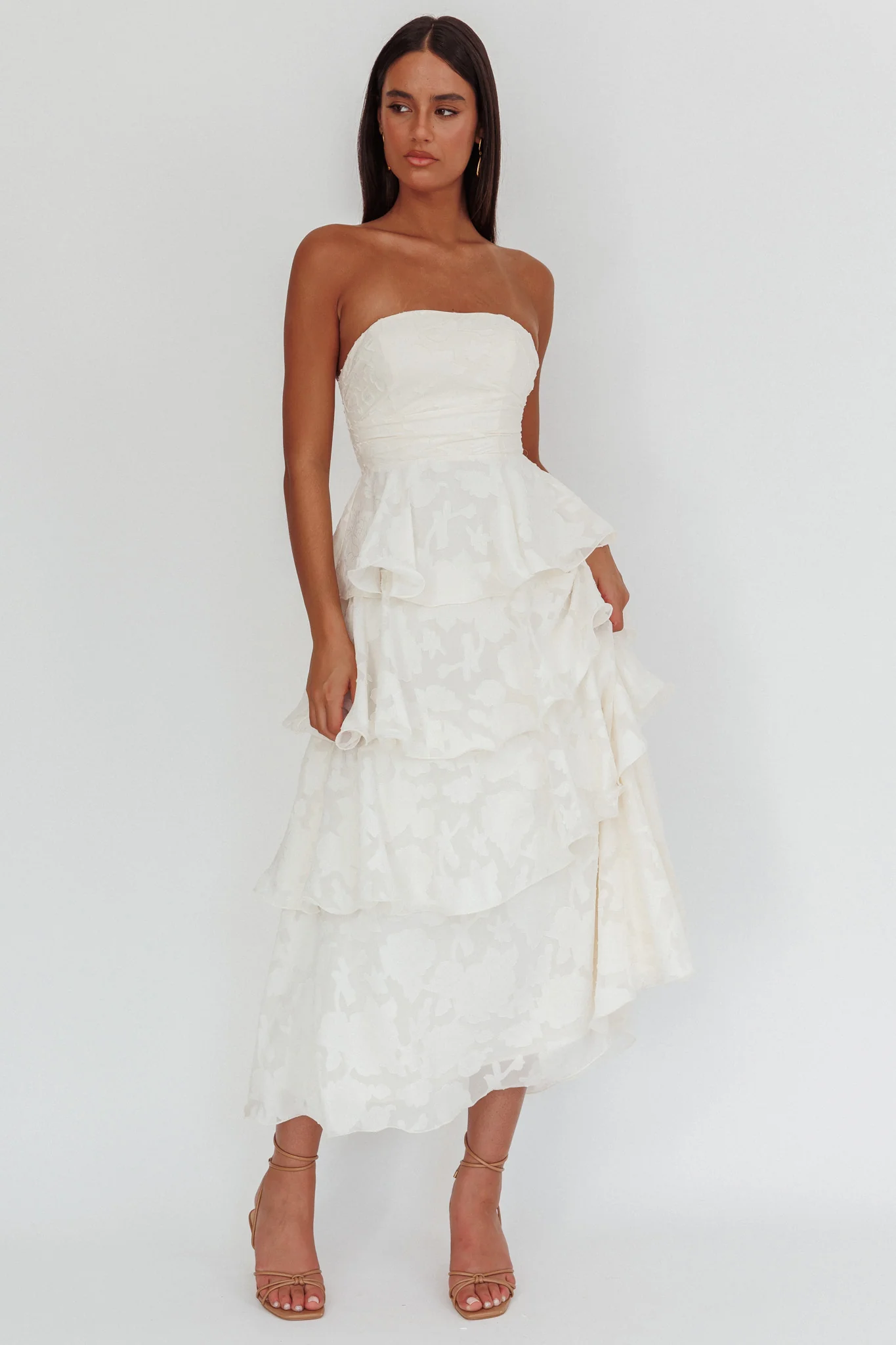 Giavana Strapless Layered Midi Dress Floral Embossed Cream