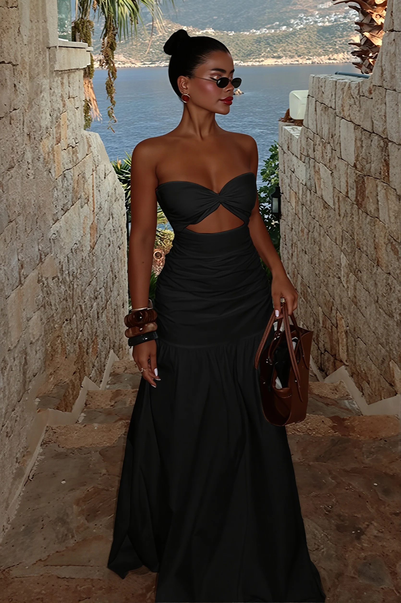 Solid Hollow Bandeau Casual Maxi Dress