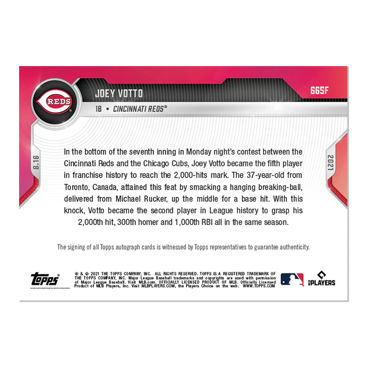 On-Card Auto # to 1 - Joey Votto - 2021 MLB TOPPS NOW® Card 665F