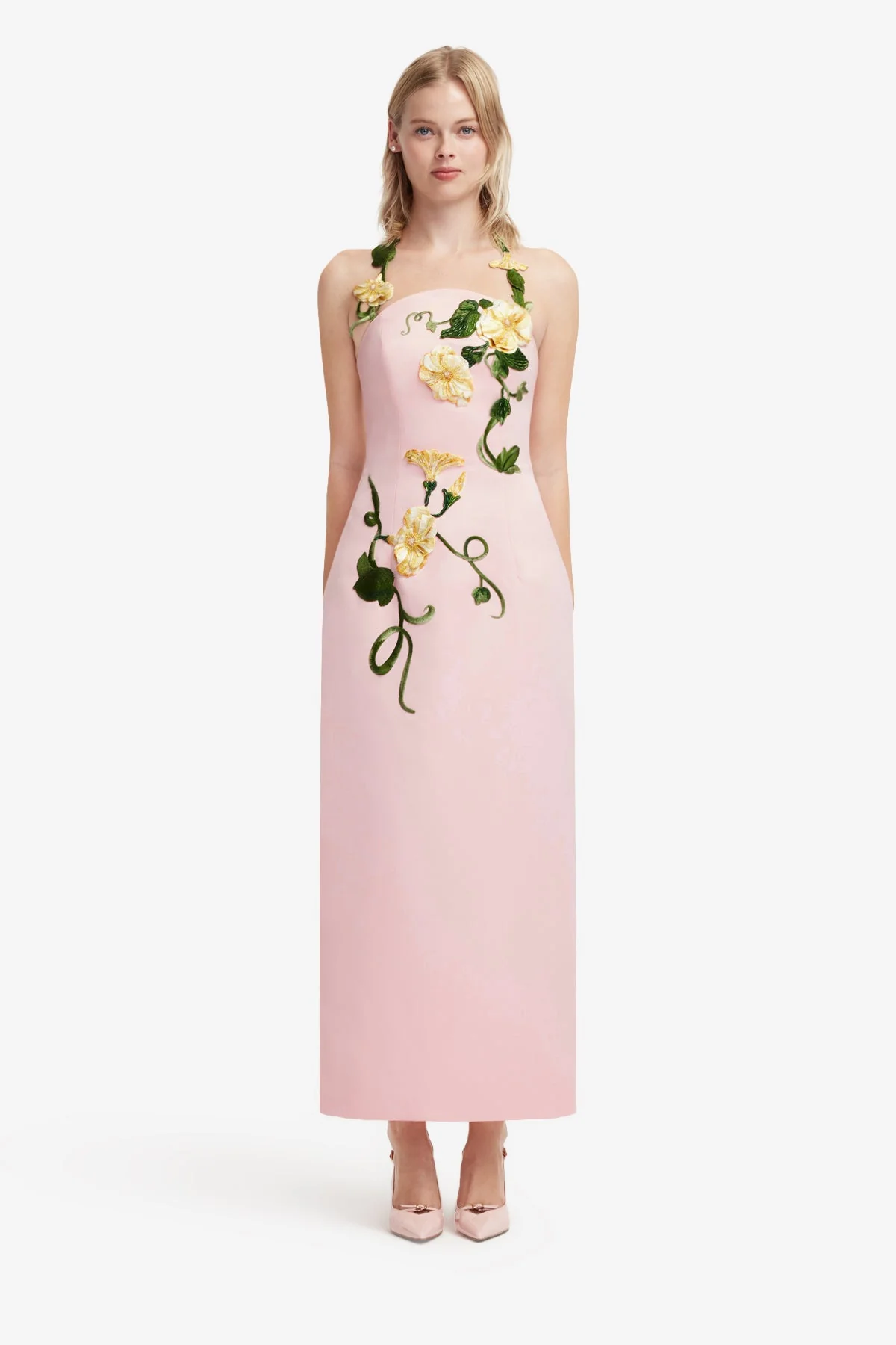 Ava Halterneck Appliqué Floral Bustier Maxi Dress - Vine Print in Pink