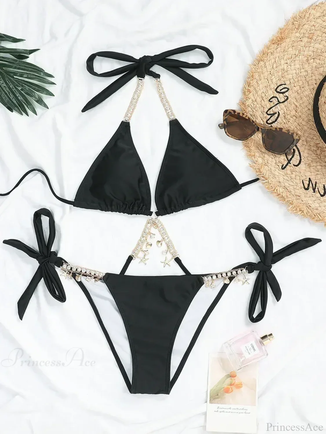 Wrinkled Diamond Metal Chain Bikini Set