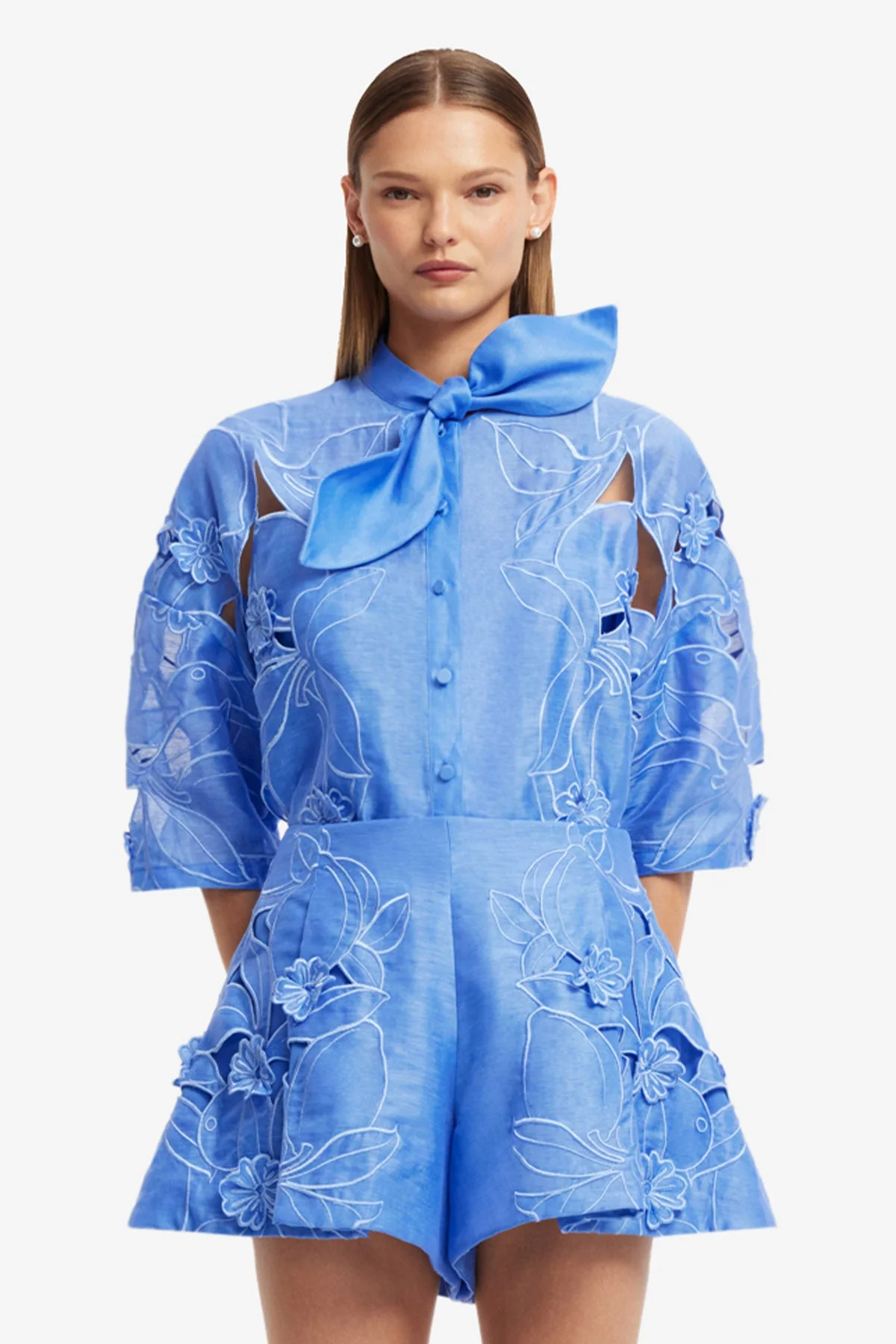 Brooklyn Appliqué Bow Puff Sleeve Top - Azure