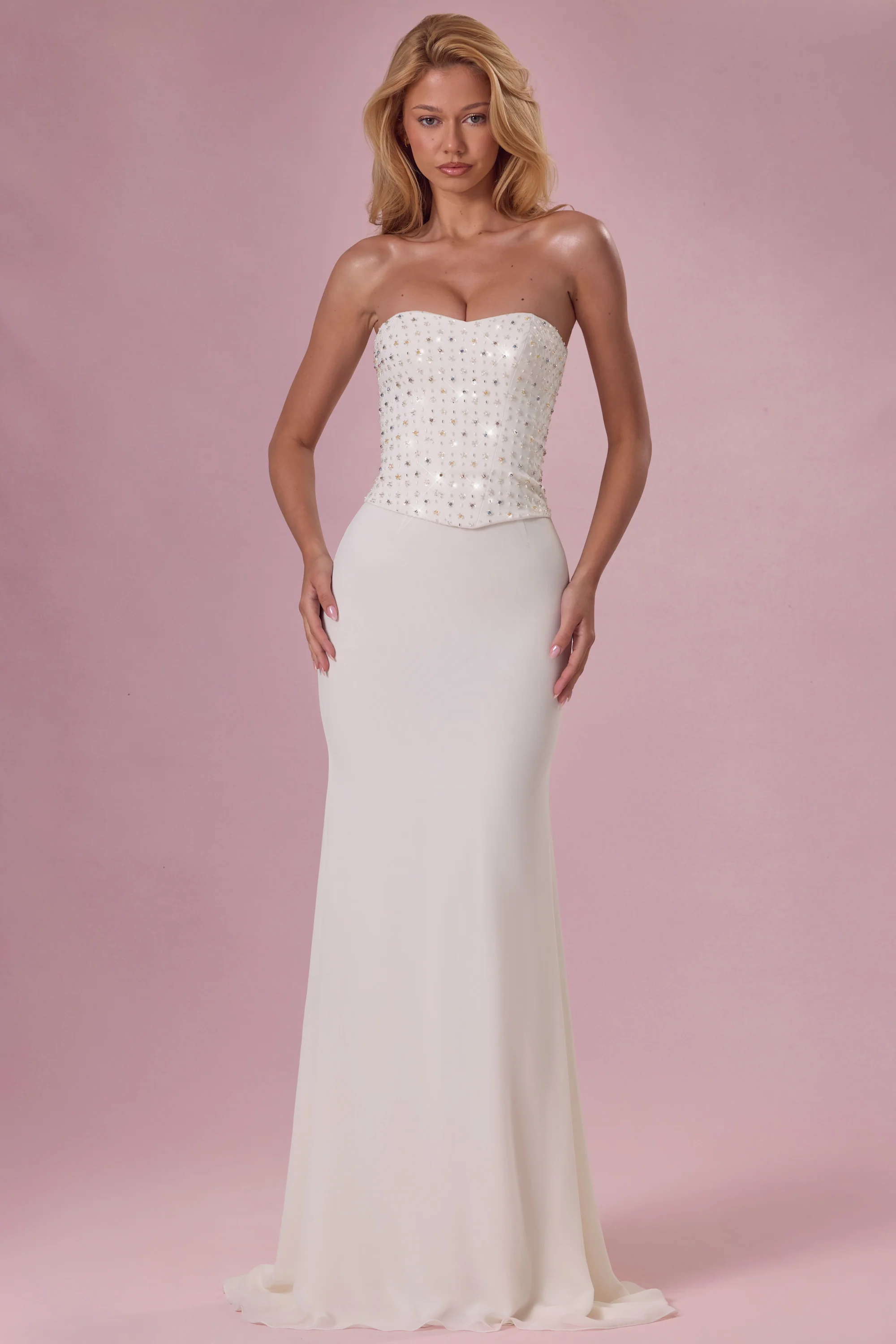 Embellished Corset Strapless Gown in Pearl