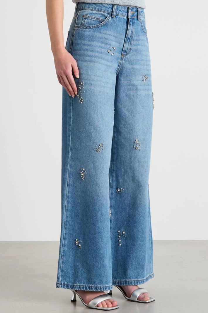 Wide-leg jeans with rhinestones - LIGHT BLUE