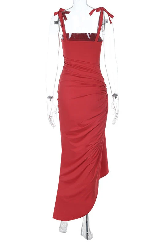Red Tie Shoulder Ruched Party Dress