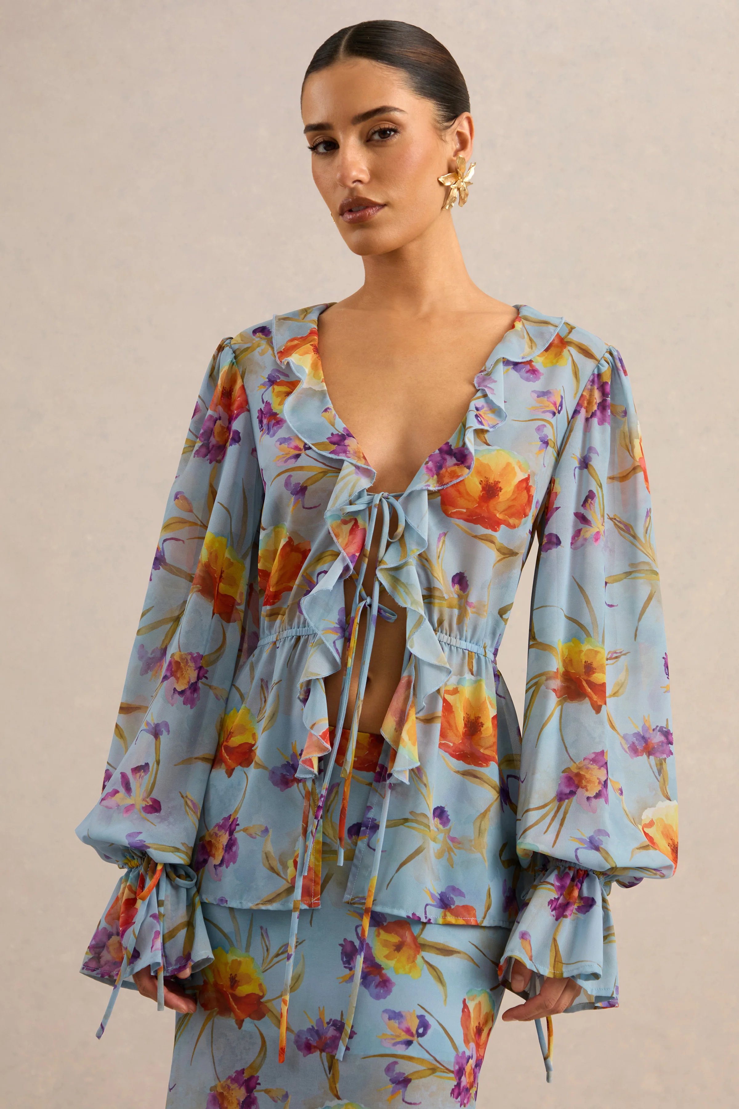 Alveta | Blue Floral Chiffon Sheer V-Neck Top With Ruffled Detailing