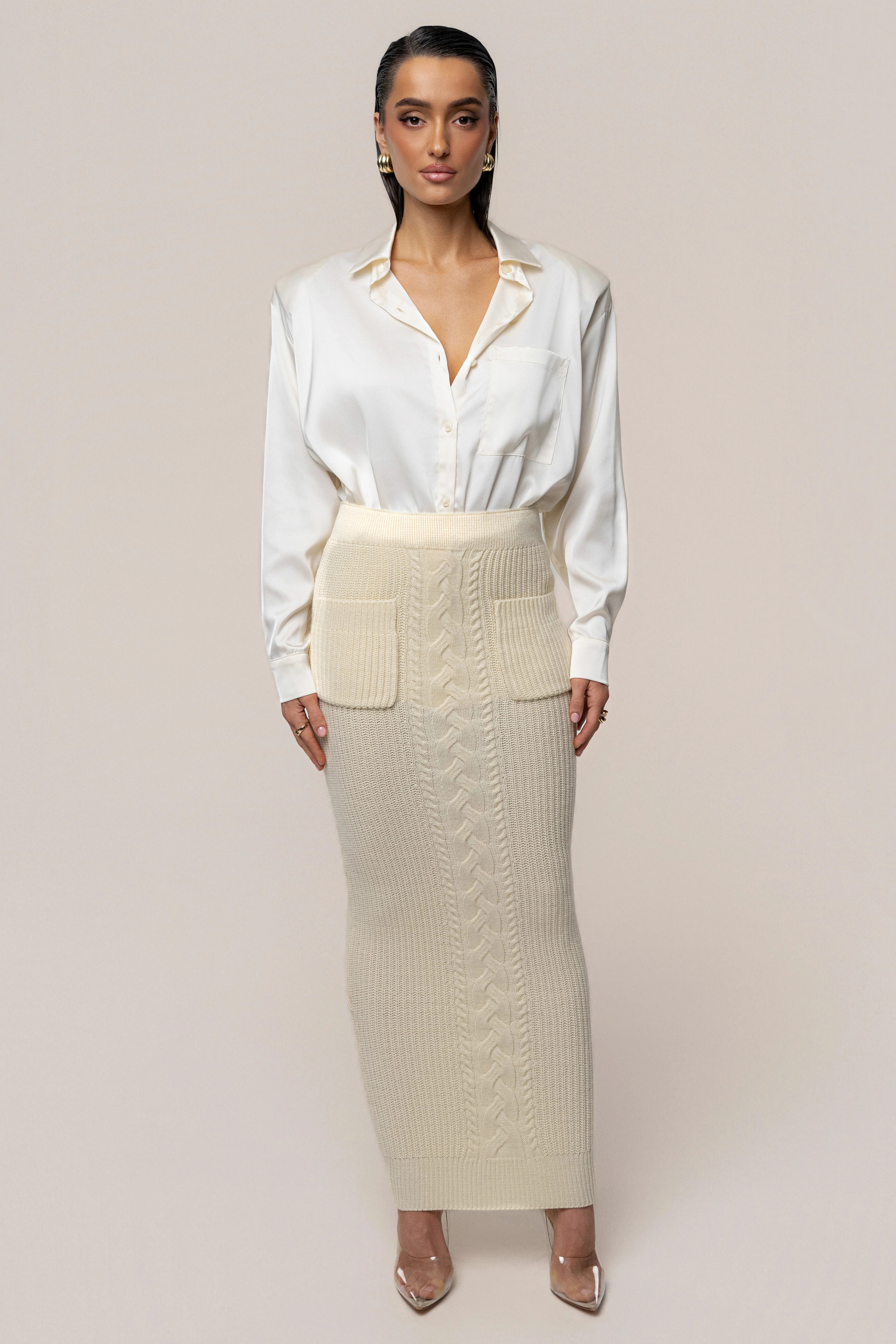 Cream Missy Cable Sweater Midi Skirt
