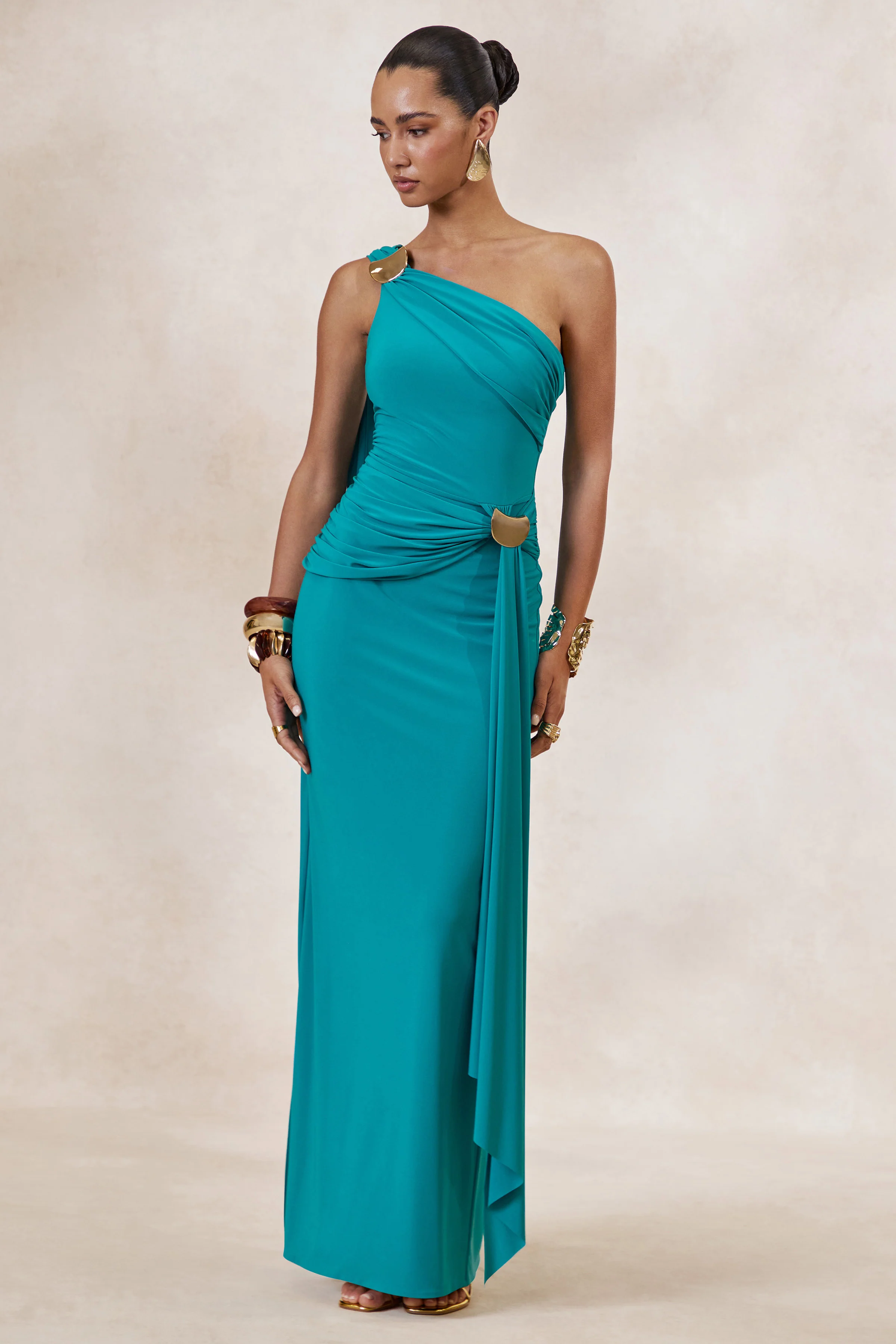 Sariah | Teal Asymmetric-Neck Maxi Dress With Gathered Detailing And Gold Details