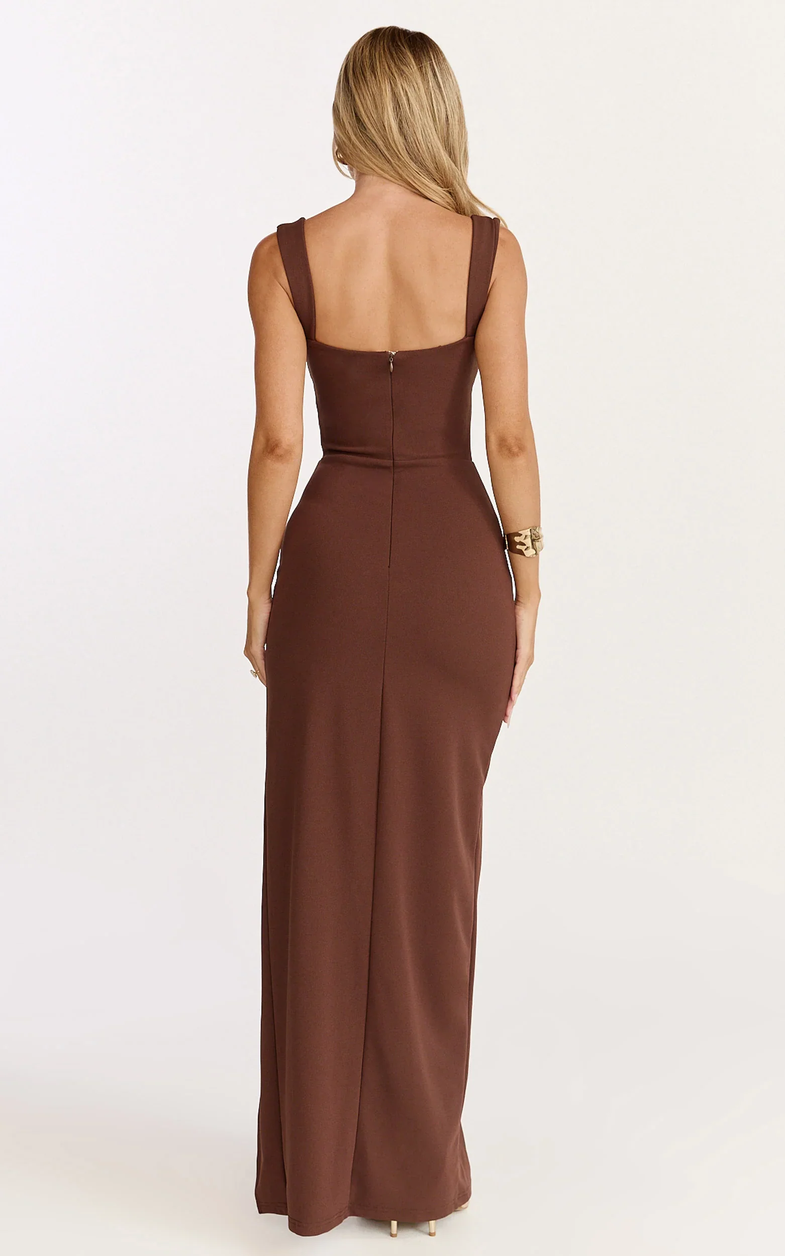 Donna Maxi Dress - Cowl Neck Column High Split Dress in Chocolate