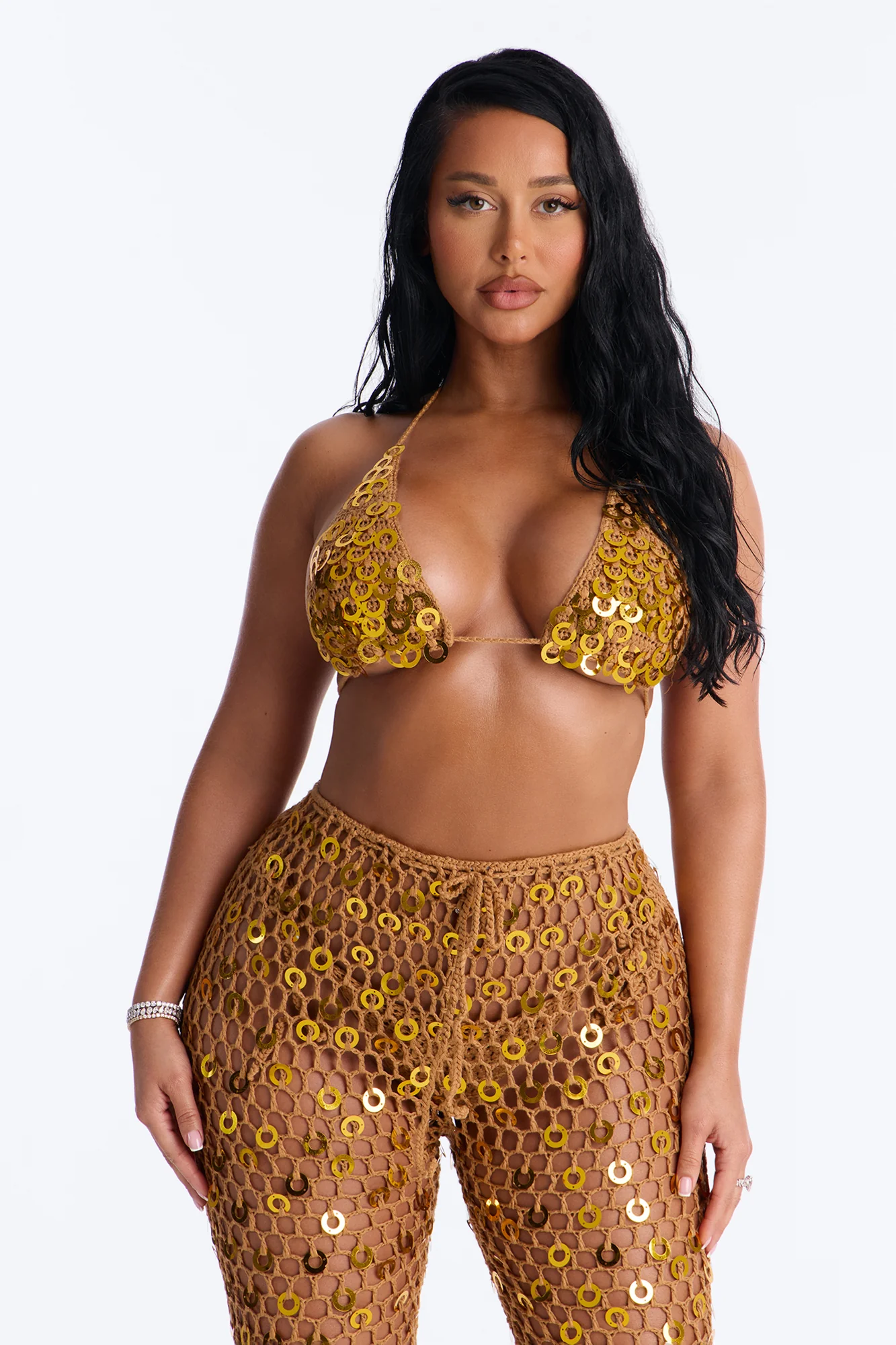 Out Here Bikini And Coverup Pant Set - Gold