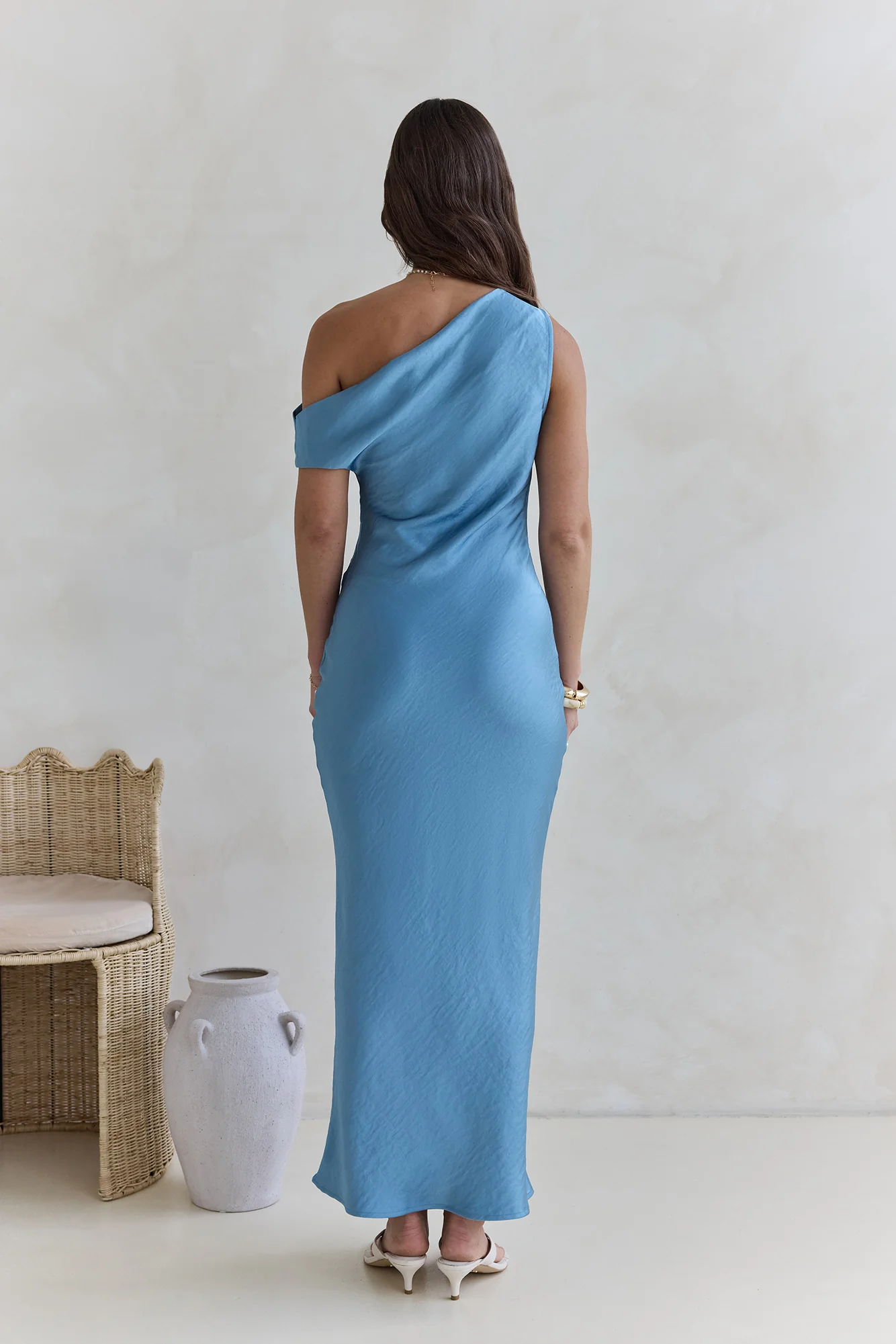 Noir Evenings Off Shoulder Satin Maxi Dress Blue