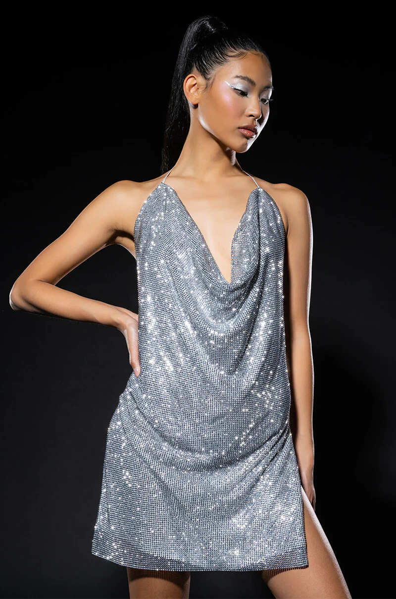 Cowl Neck Sparkle Mini Dress