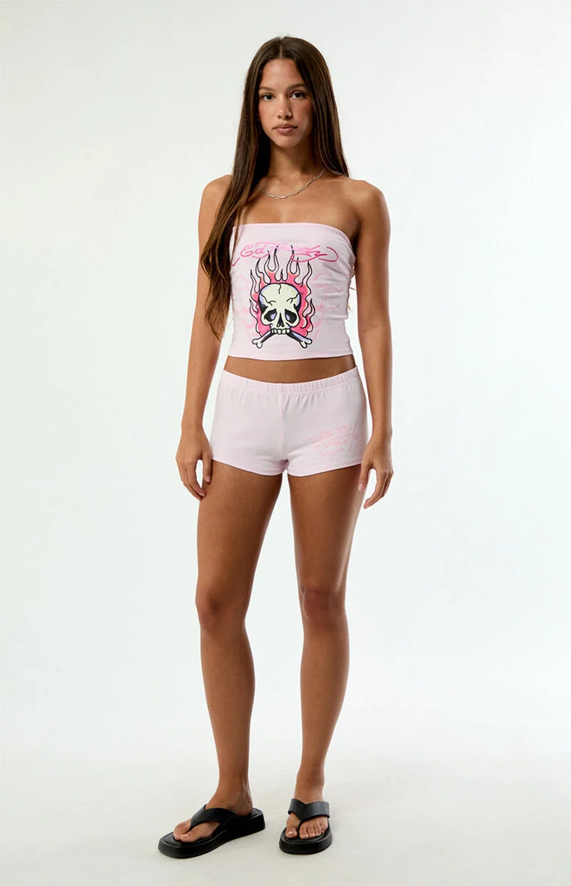 Ed Hardy Hardy Pink Flame Skull Shorts