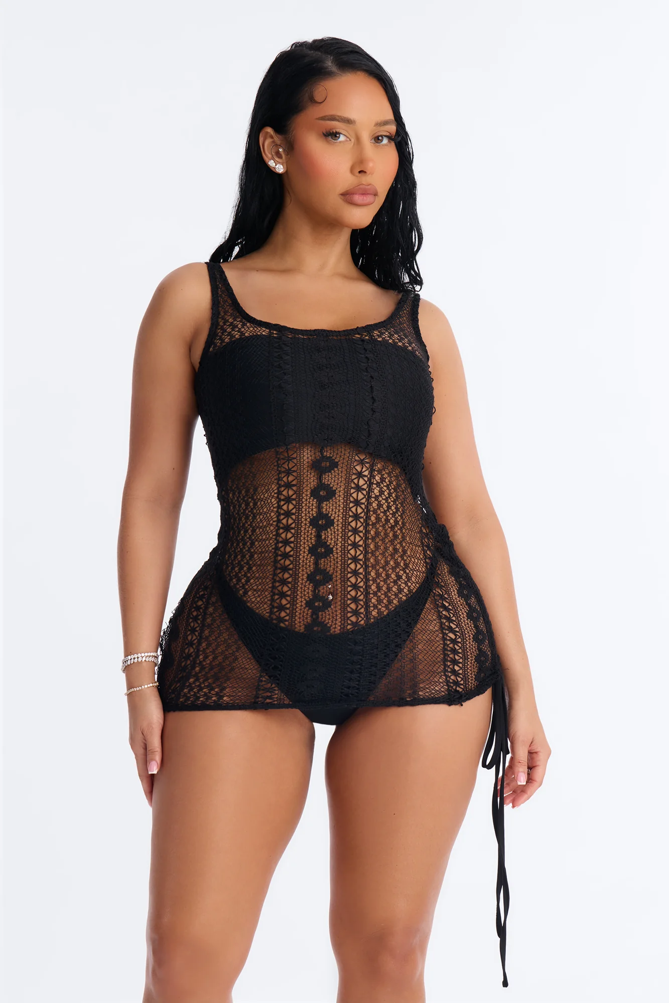 Yvette Lace Mini Swim Cover Up Dress - Black