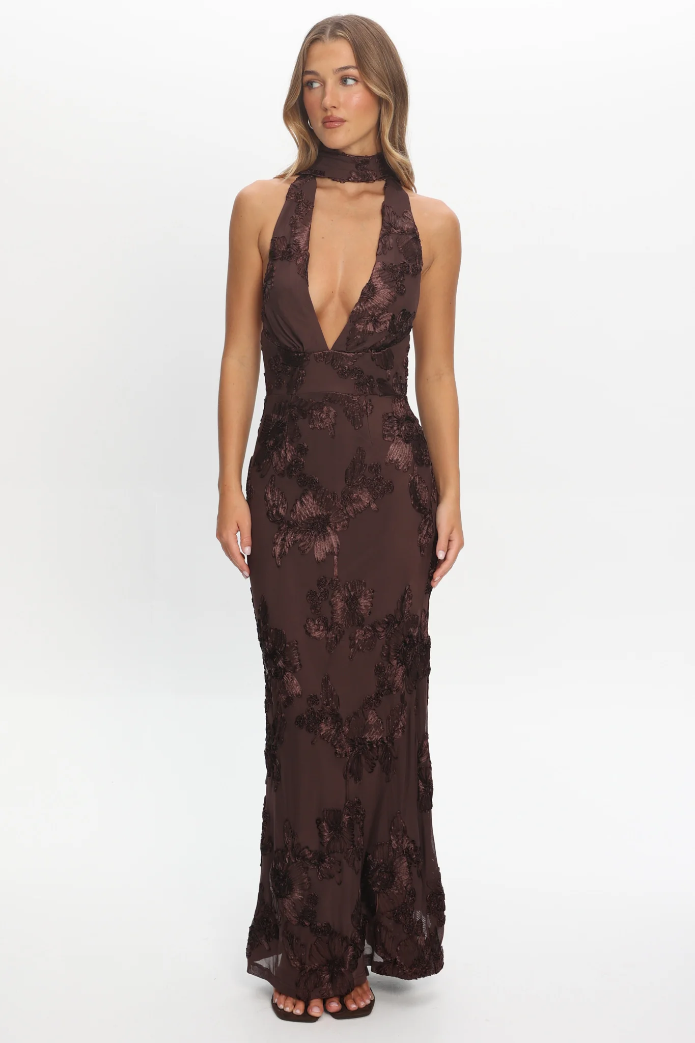 Cipriana Backless Halter Maxi Dress Embellished Brown