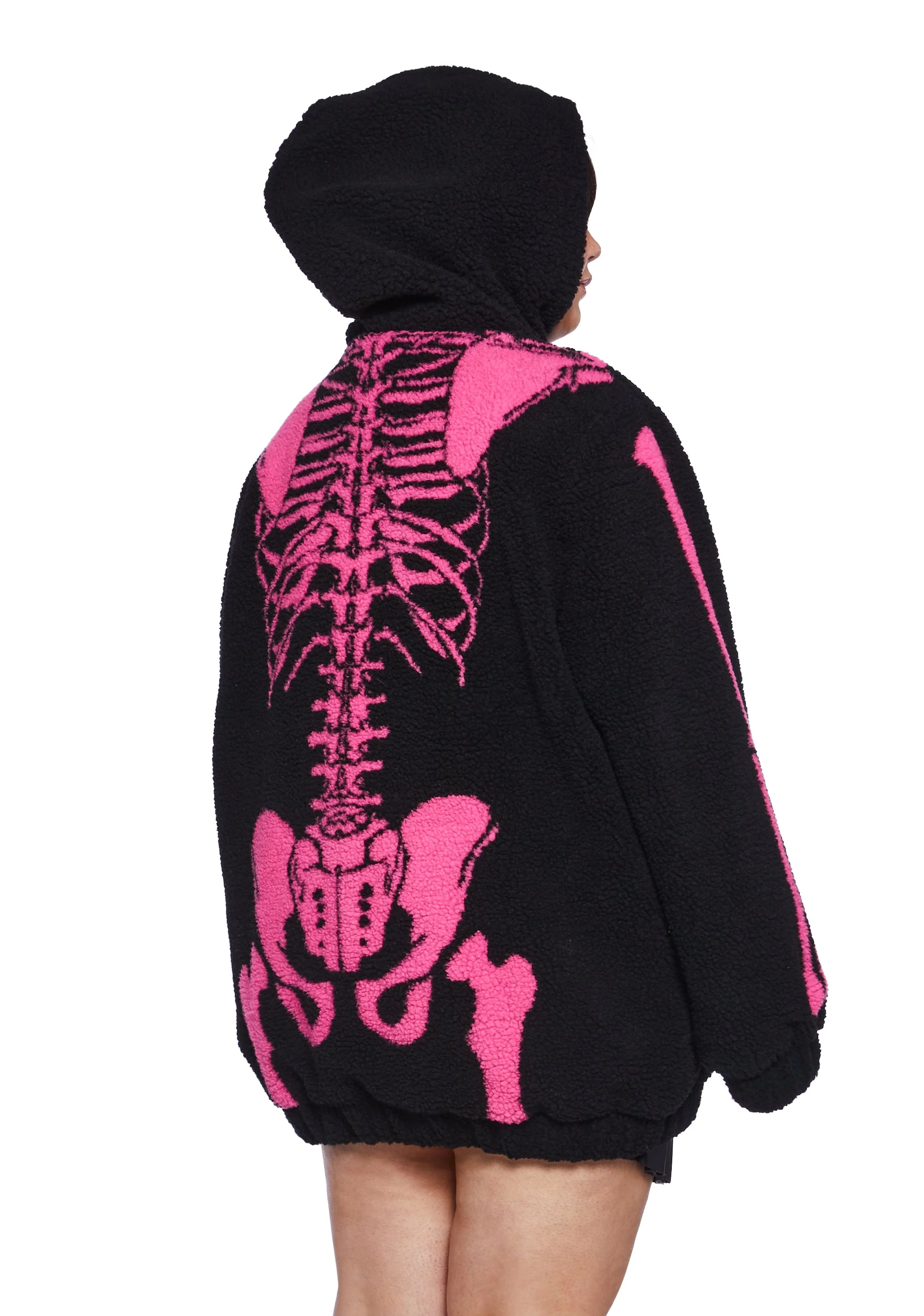 Baring It All Skeleton Hooded Sherpa Jacket - Pink