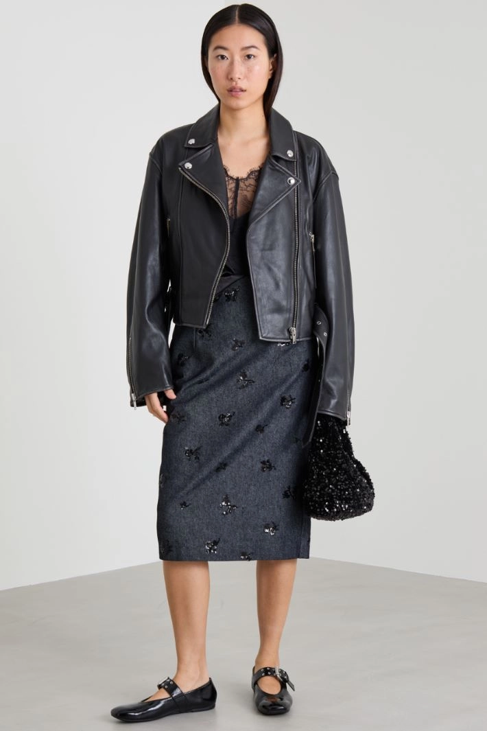 Rhinestone-embellished denim skirt - BLACK