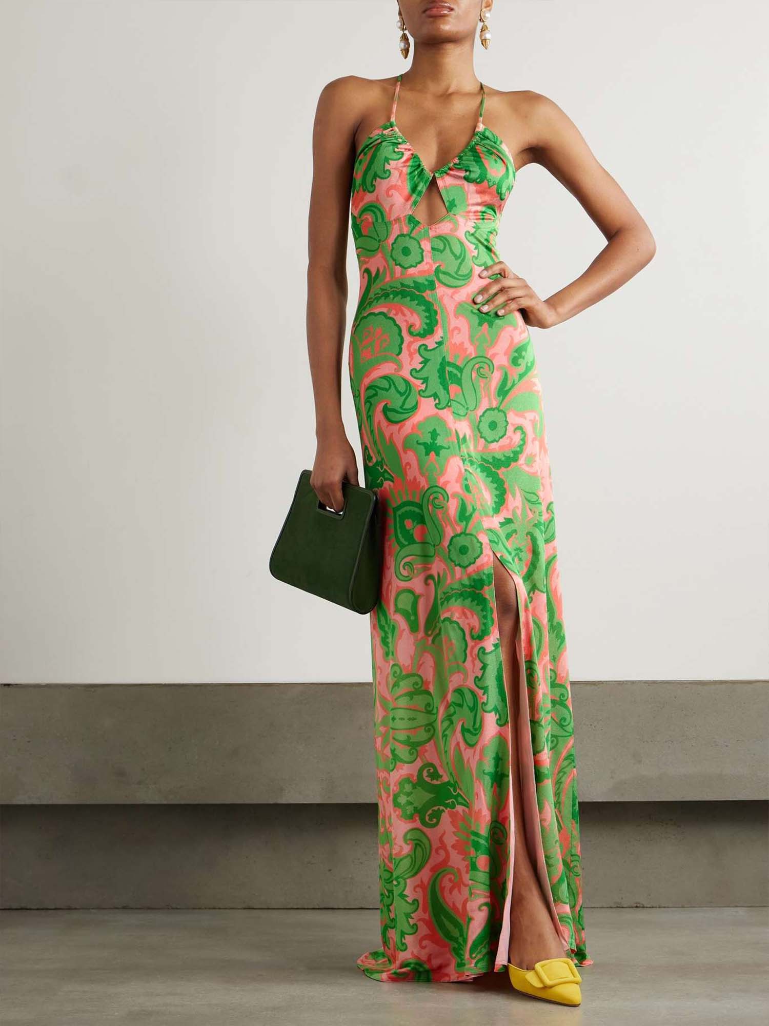 Green & Coral Printed Halter Maxi Dress