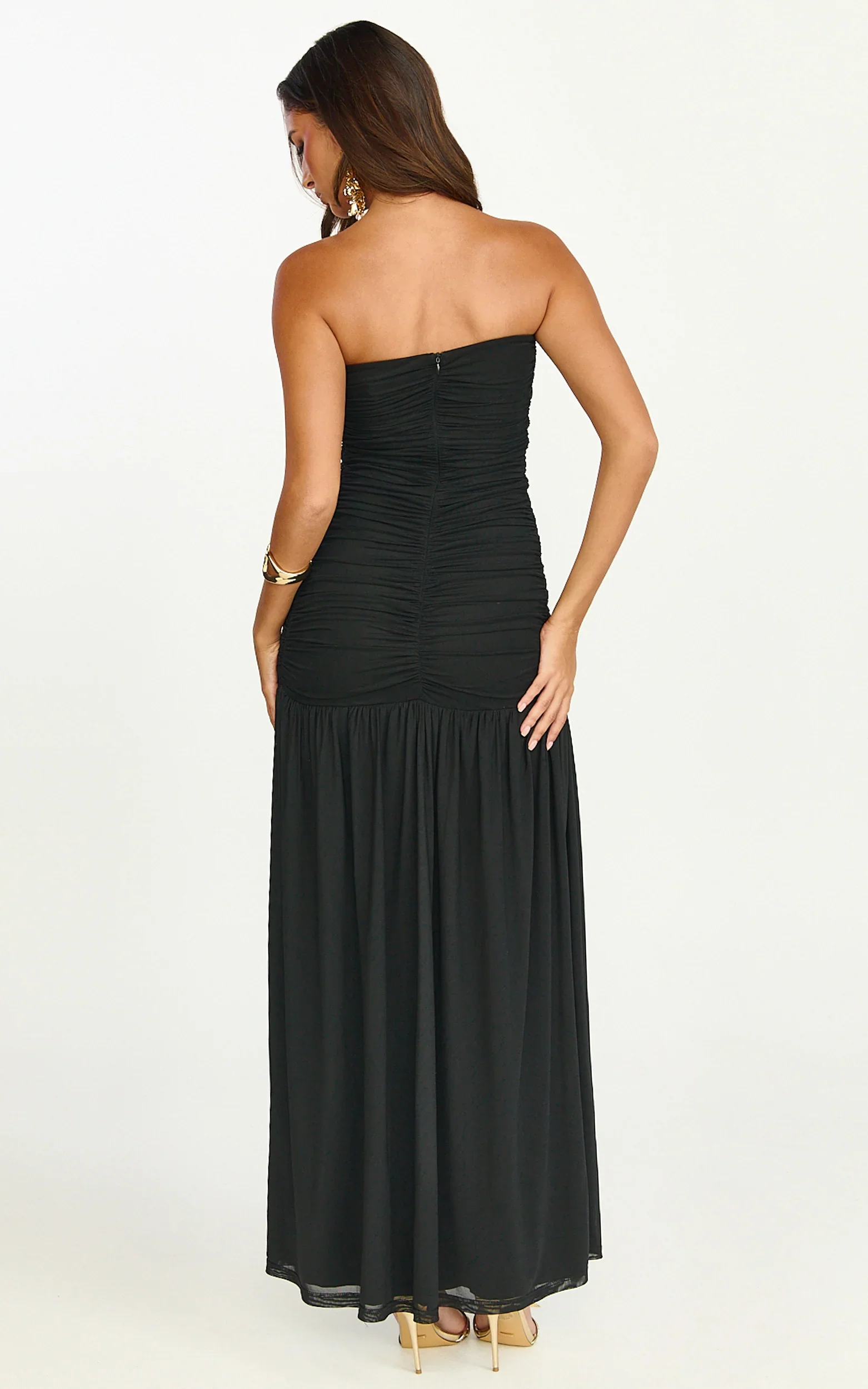 Marguerite Maxi Dress - Strapless Ruched Mesh High Leg Split Dress in Black