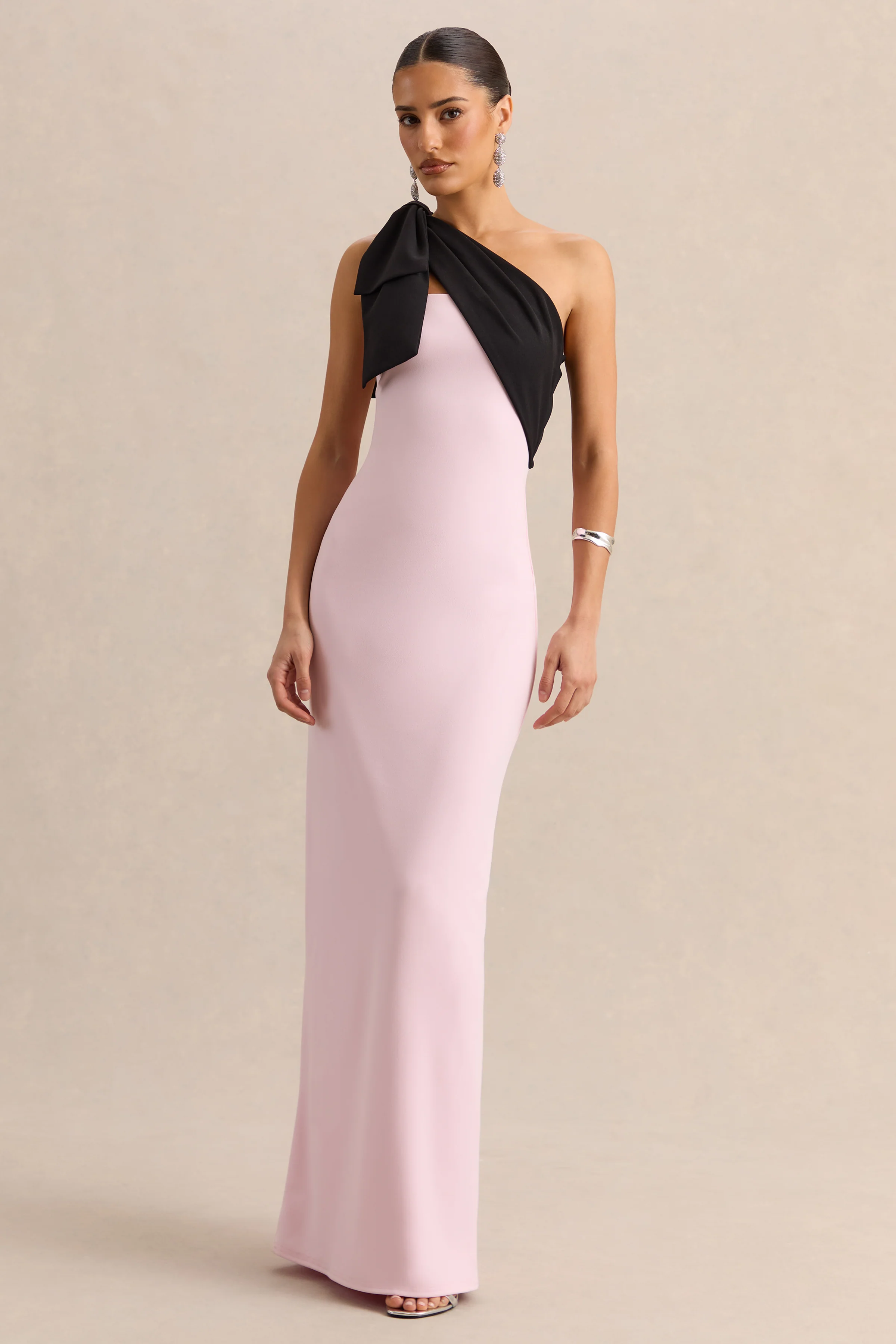 Adara | Pink & Black One Shoulder Maxi Dress With Back Split and Bow Detail