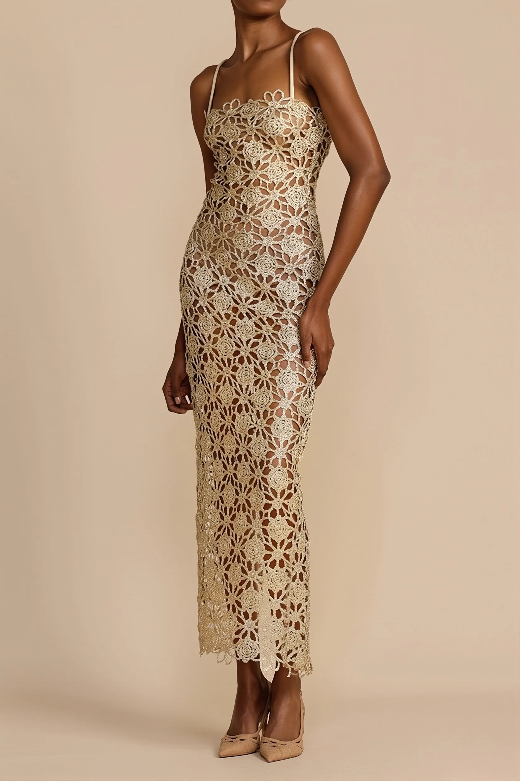 Solid Full Lace Cutout Split Cami Maxi Dress