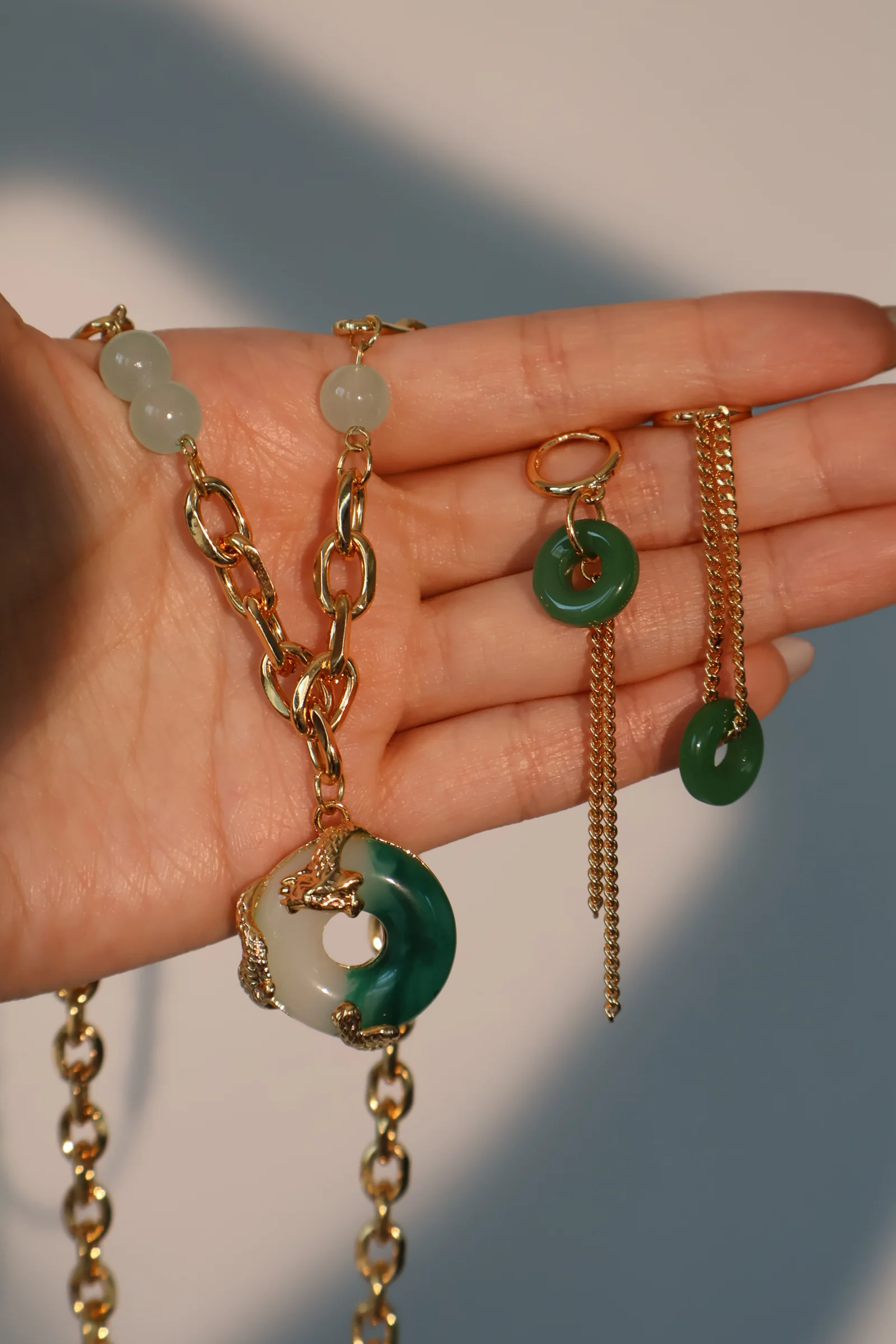 18K Real Gold Plated Jade Dragon Necklace (EARRINGS INCLUDED)