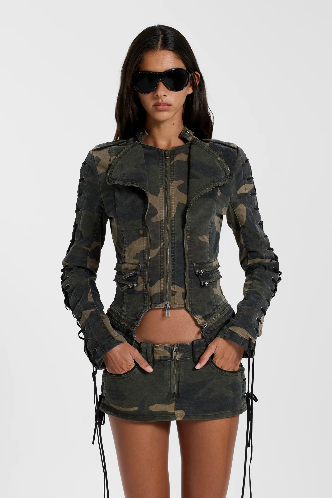 Charis Lace Up Fitted Jacket in Camo