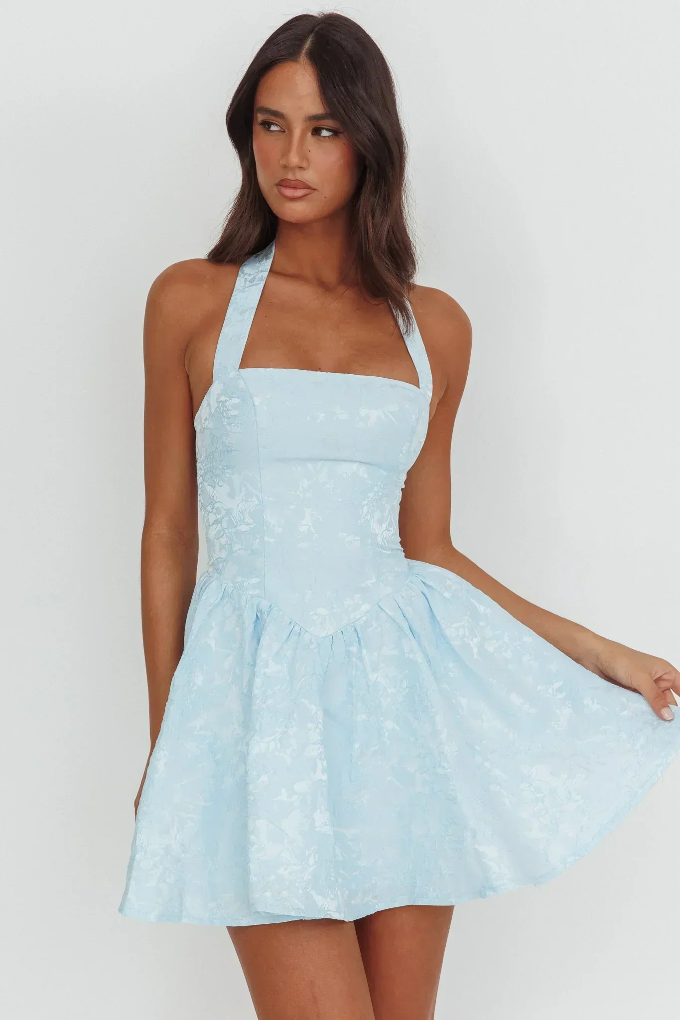 Serrah Halter Mini Dress Jacquard Blue