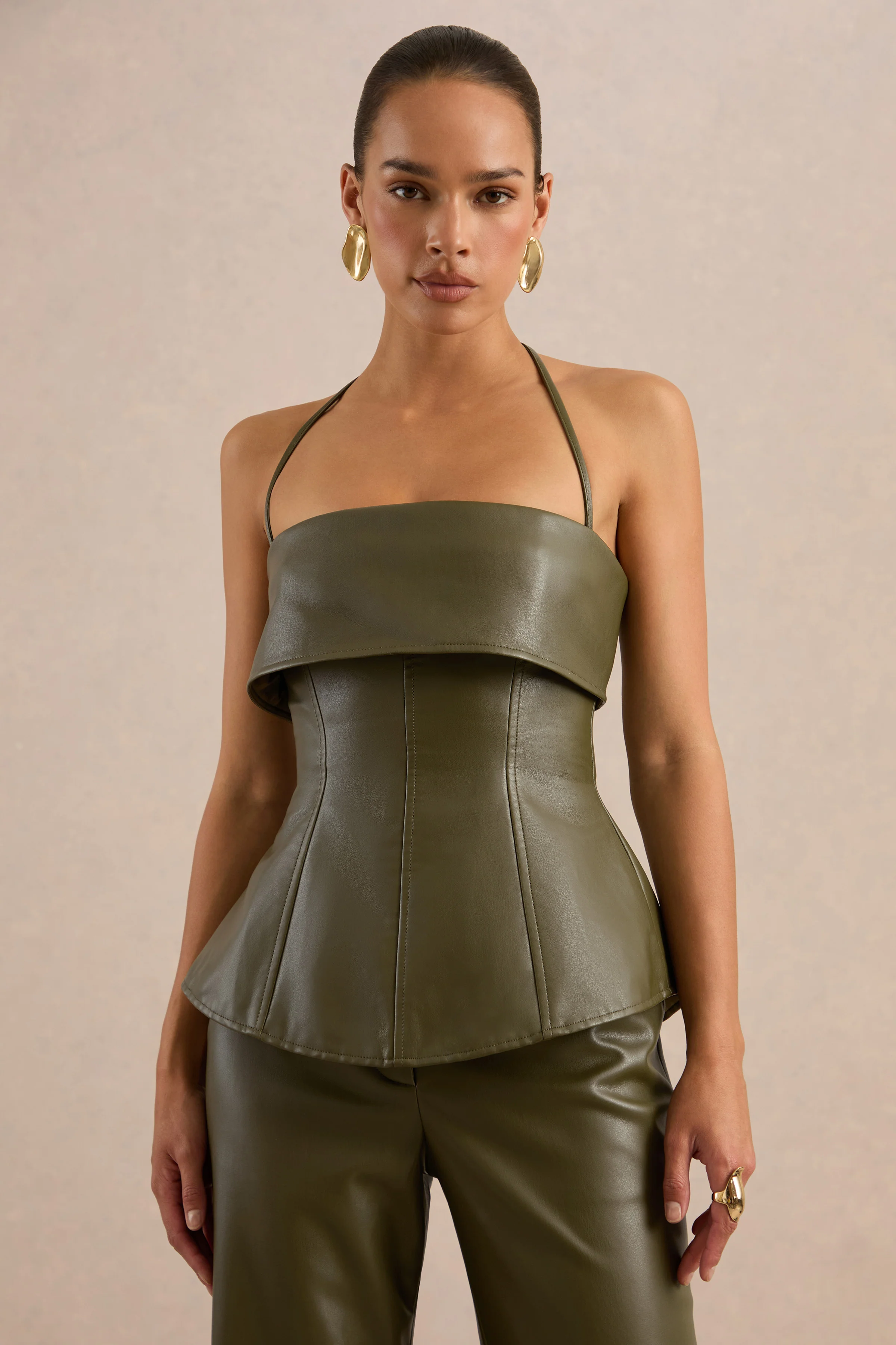 Gaelina | Khaki Faux Leather Bandeau Tailored Top With Ties